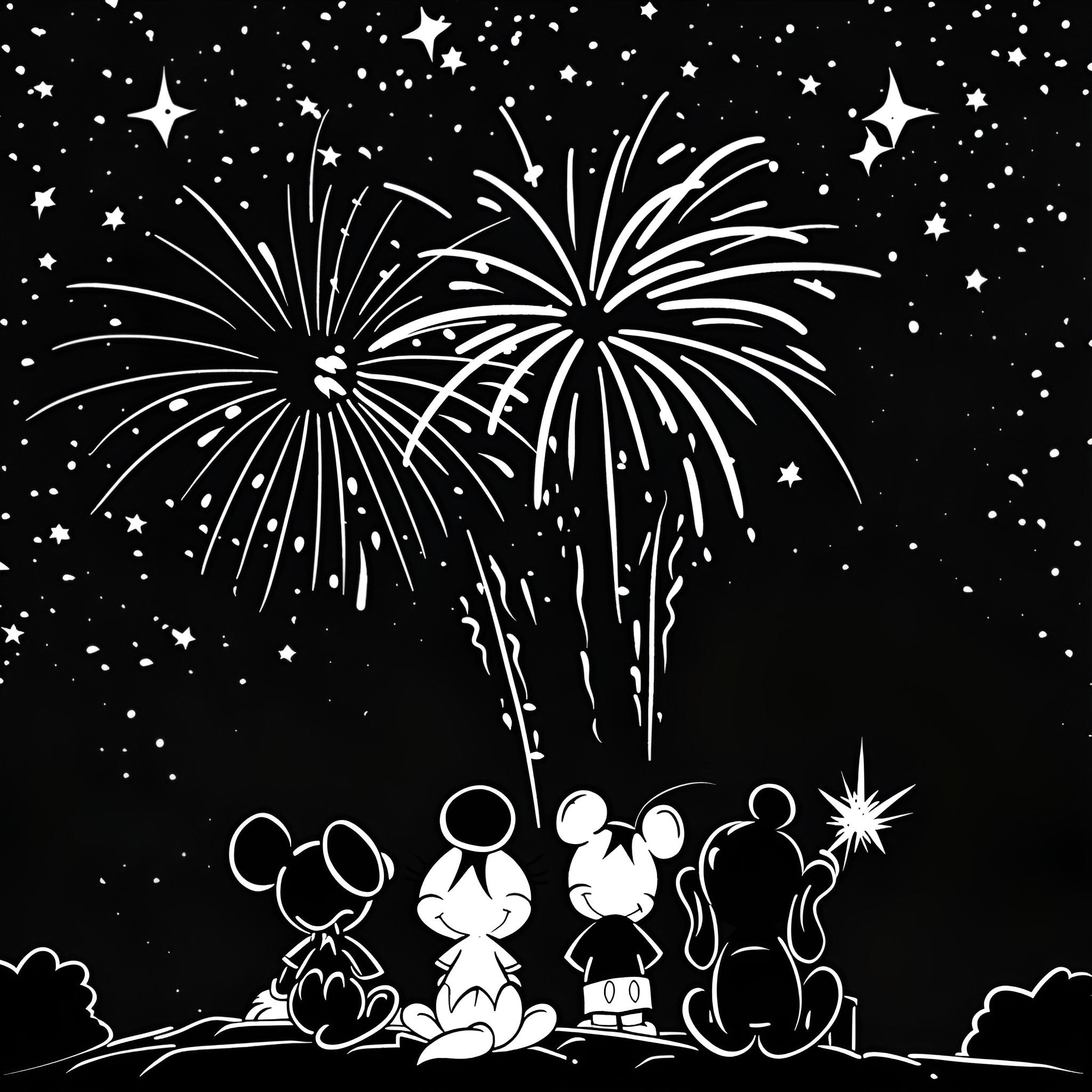 Disney Characters Enjoying Fireworks Display Drawing Idea (free black-and-white line drawing printable PDF for all, from beginners to advanced learners, including children, teens, adults, and seniors)