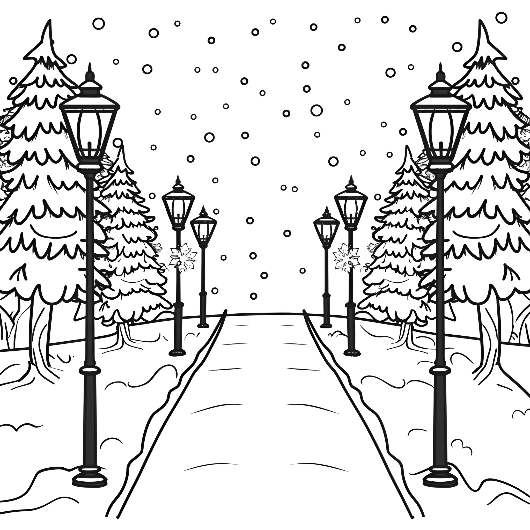 Christmas Card Snowy Winter Walkway with Lamps Drawing Idea (free black-and-white line drawing printable PDF for all, from beginners to advanced learners, including children, teens, adults, and seniors)