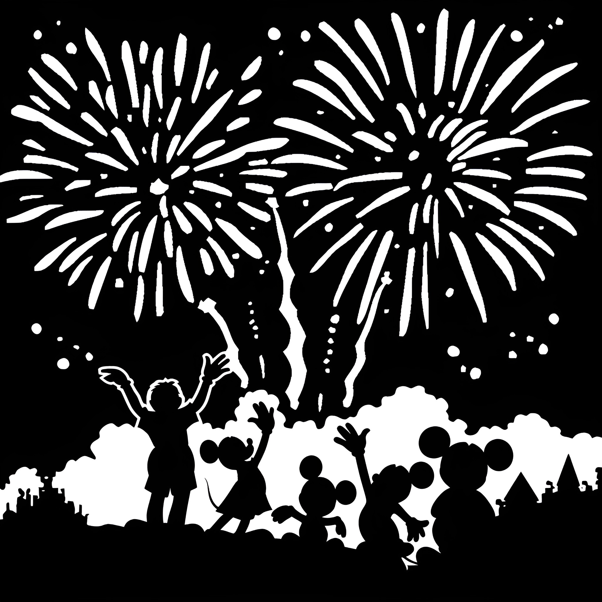 Disney Fireworks Celebration with Silhouetted Figures Drawing Idea (free black-and-white line drawing printable PDF for all, from beginners to advanced learners, including children, teens, adults, and seniors)