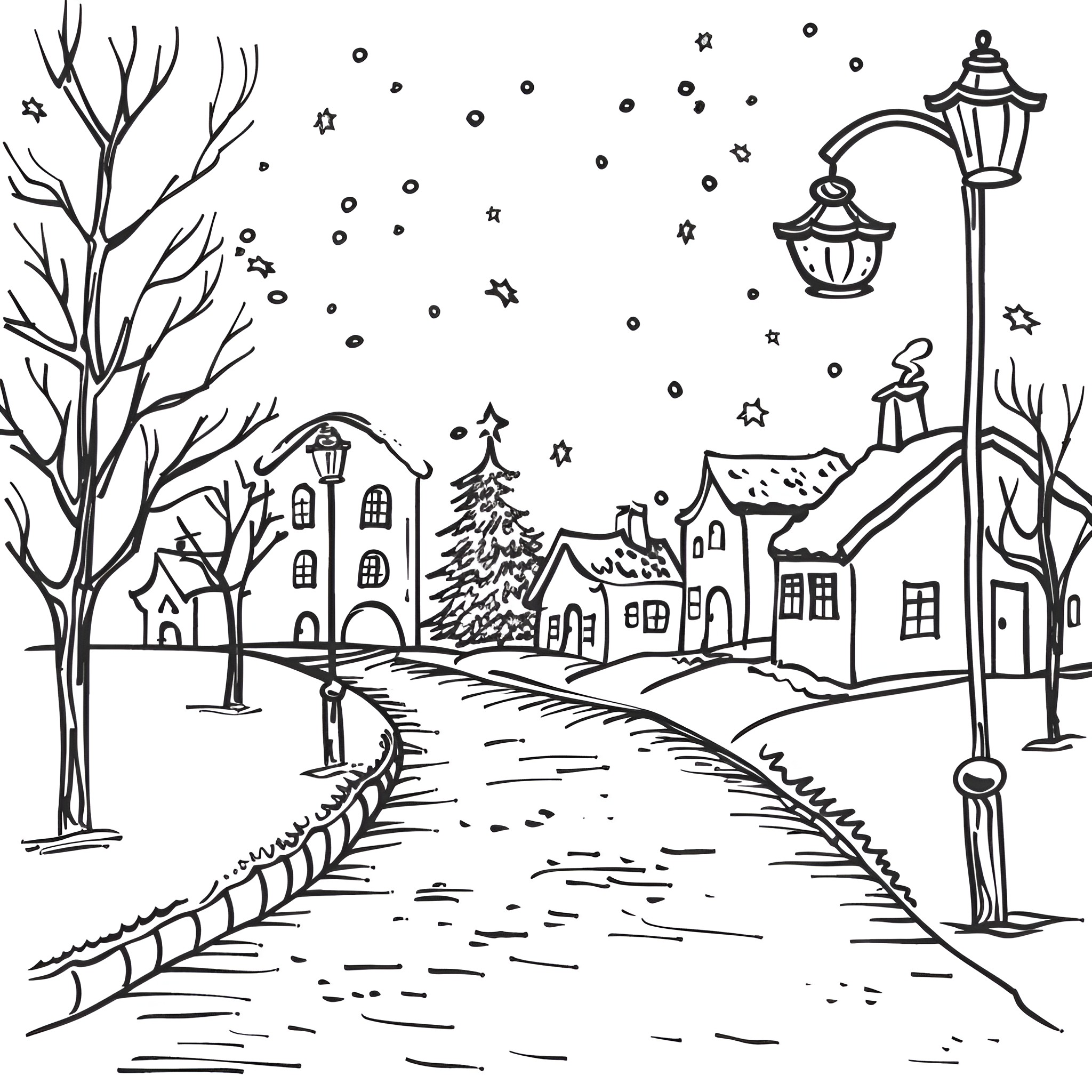 Christmas Card: Snowy village scene with winter landscape Drawing Idea (free black-and-white line drawing printable PDF for all, from beginners to advanced learners, including children, teens, adults, and seniors)