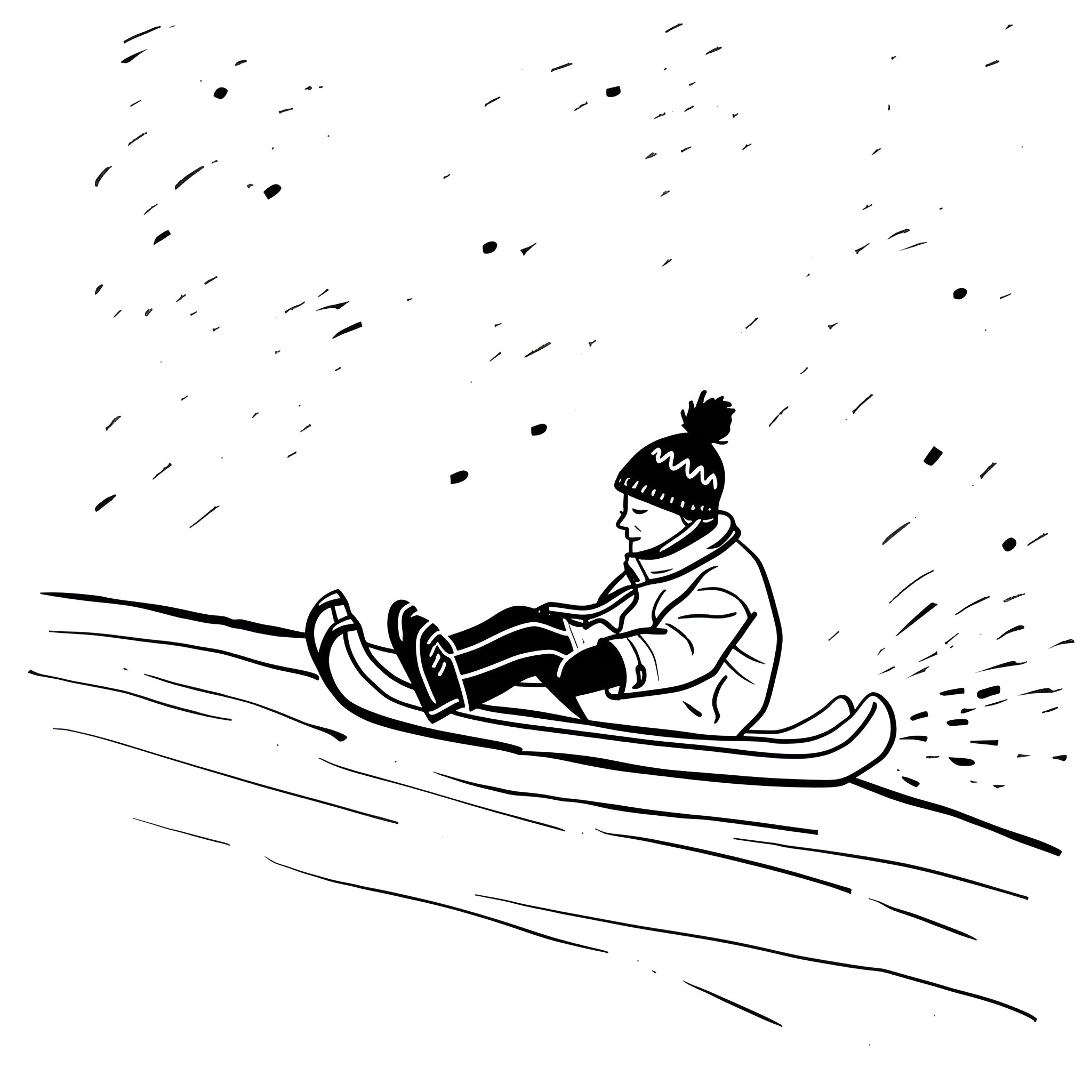 Winter sledding down the hill Drawing Idea (free black-and-white line drawing printable PDF for all, from beginners to advanced learners, including children, teens, adults, and seniors)