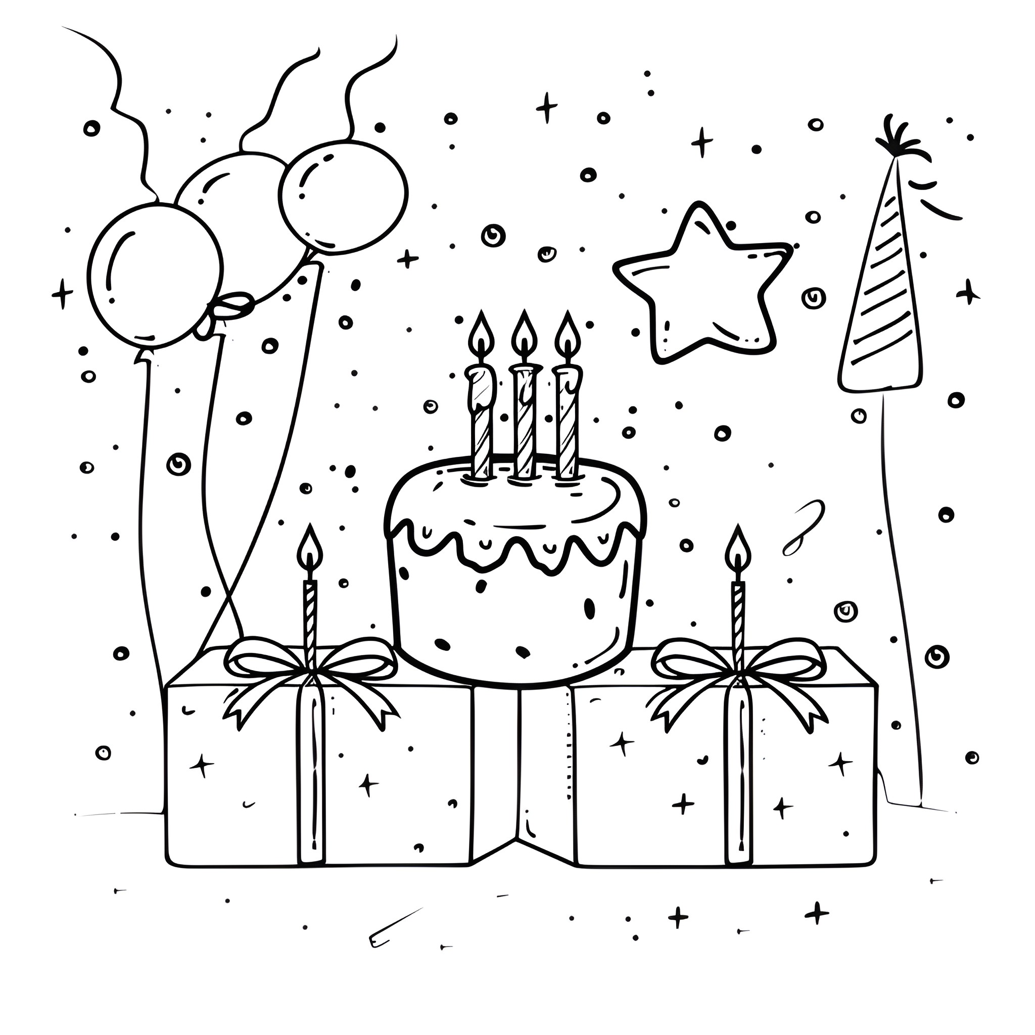 Birthday Card with Cake, Gifts, and Party Decorations Drawing Idea (free black-and-white line drawing printable PDF for all, from beginners to advanced learners, including children, teens, adults, and seniors)