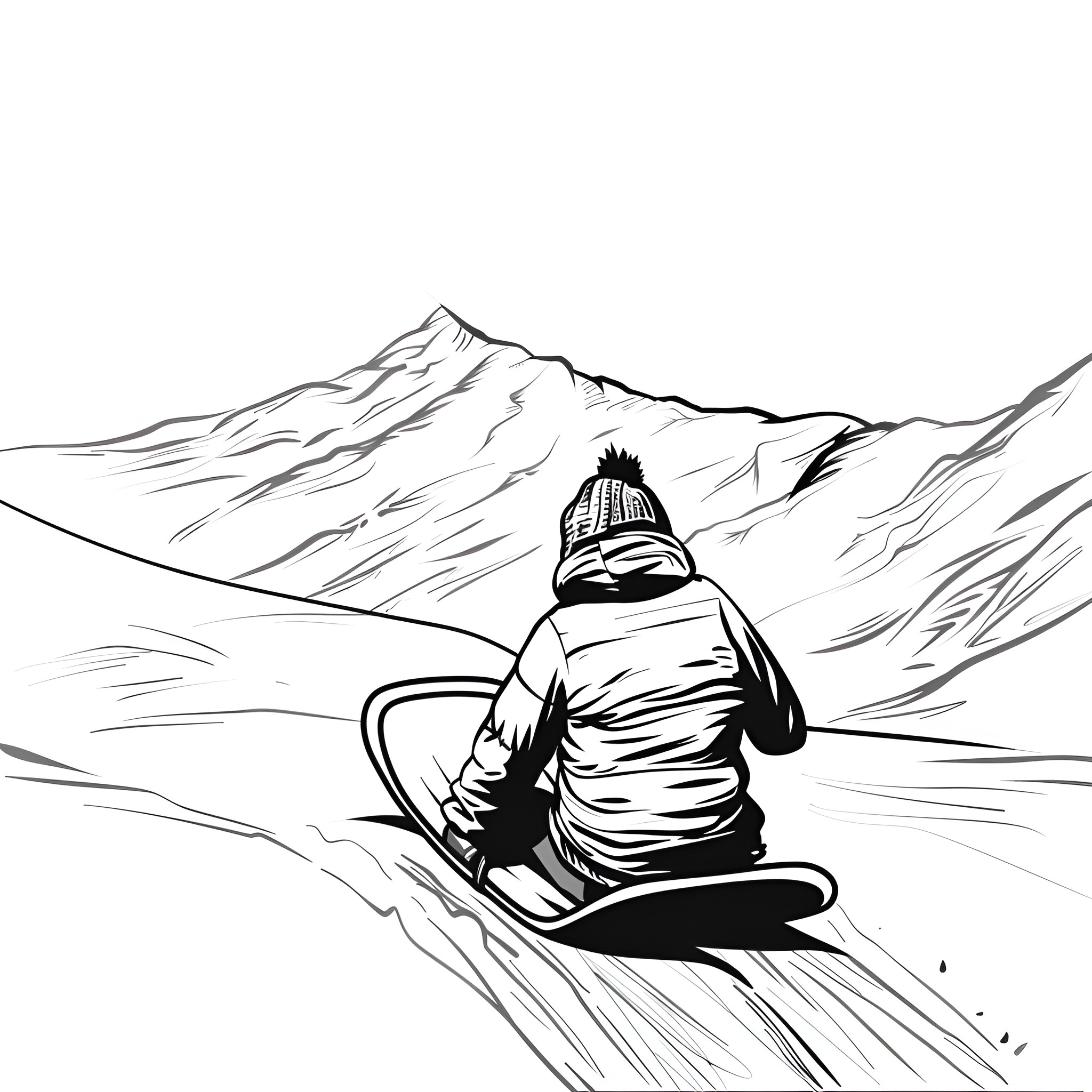 Winter adventure in the snowy mountains Drawing Idea (free black-and-white line drawing printable PDF for all, from beginners to advanced learners, including children, teens, adults, and seniors)