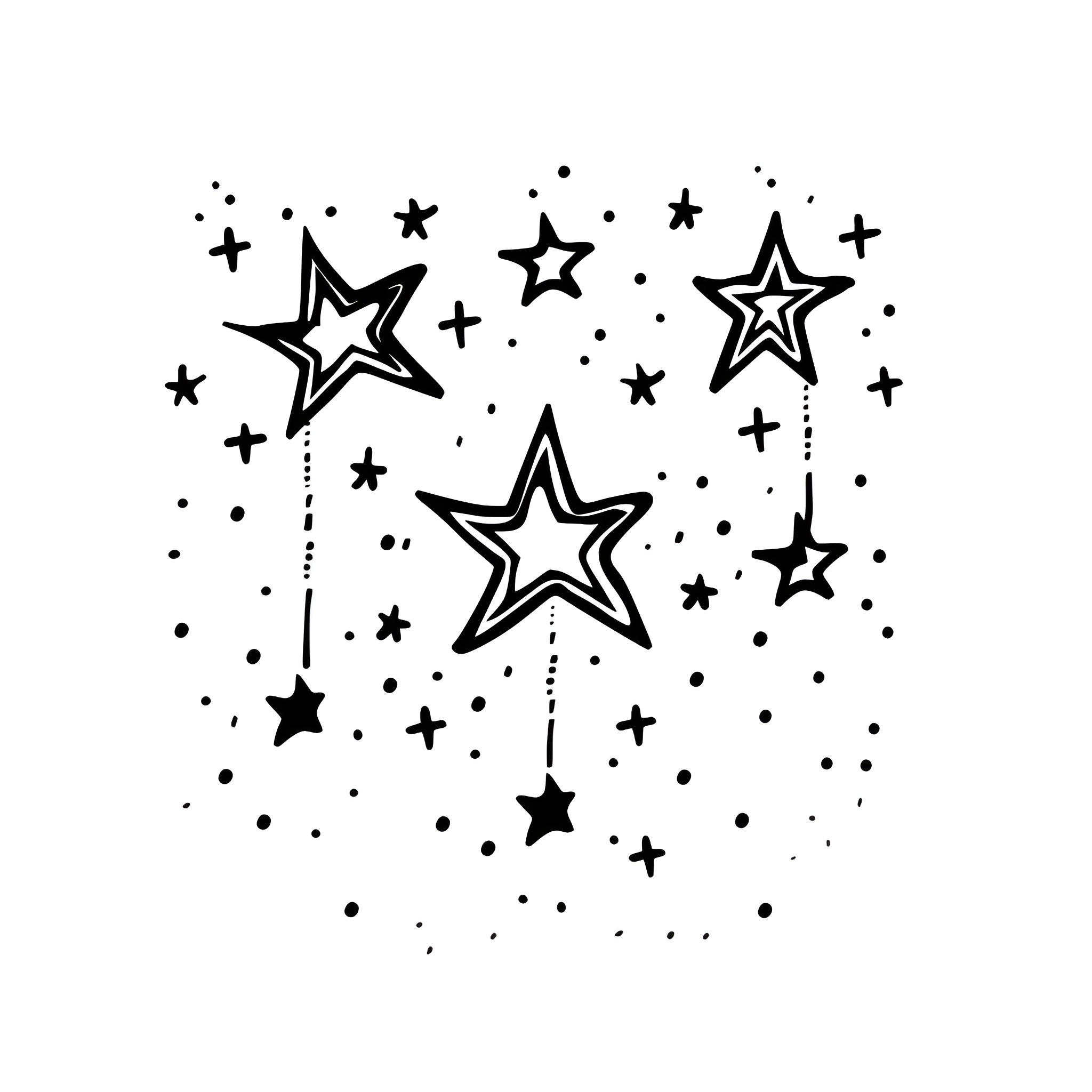 Birthday Card with Whimsical Stars Drawing Idea (free black-and-white line drawing printable PDF for all, from beginners to advanced learners, including children, teens, adults, and seniors)