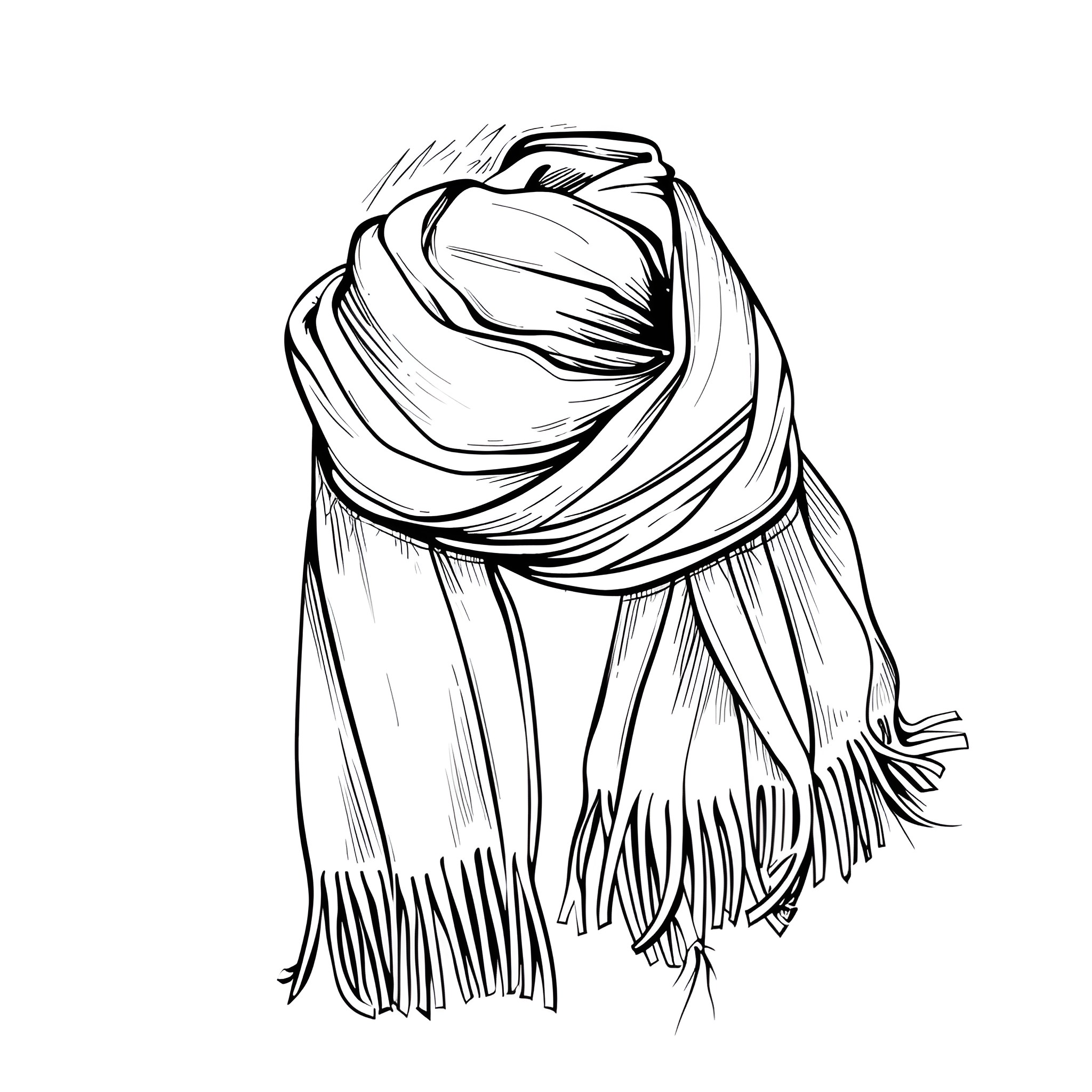 Winter cozy scarf and wrap Drawing Idea (free black-and-white line drawing printable PDF for all, from beginners to advanced learners, including children, teens, adults, and seniors)