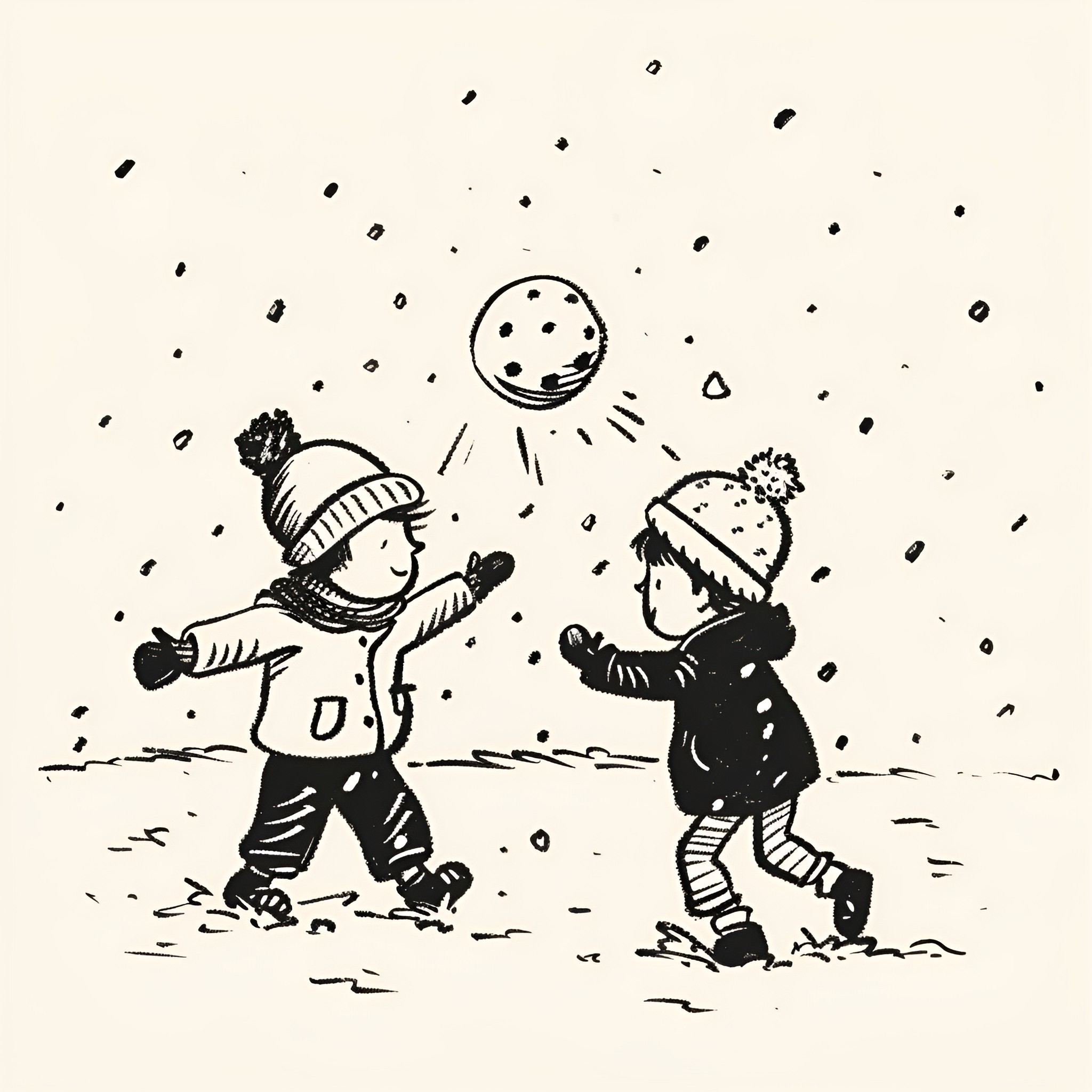 Christmas Card of Kids Playing in Snow Drawing Idea (free black-and-white line drawing printable PDF for all, from beginners to advanced learners, including children, teens, adults, and seniors)