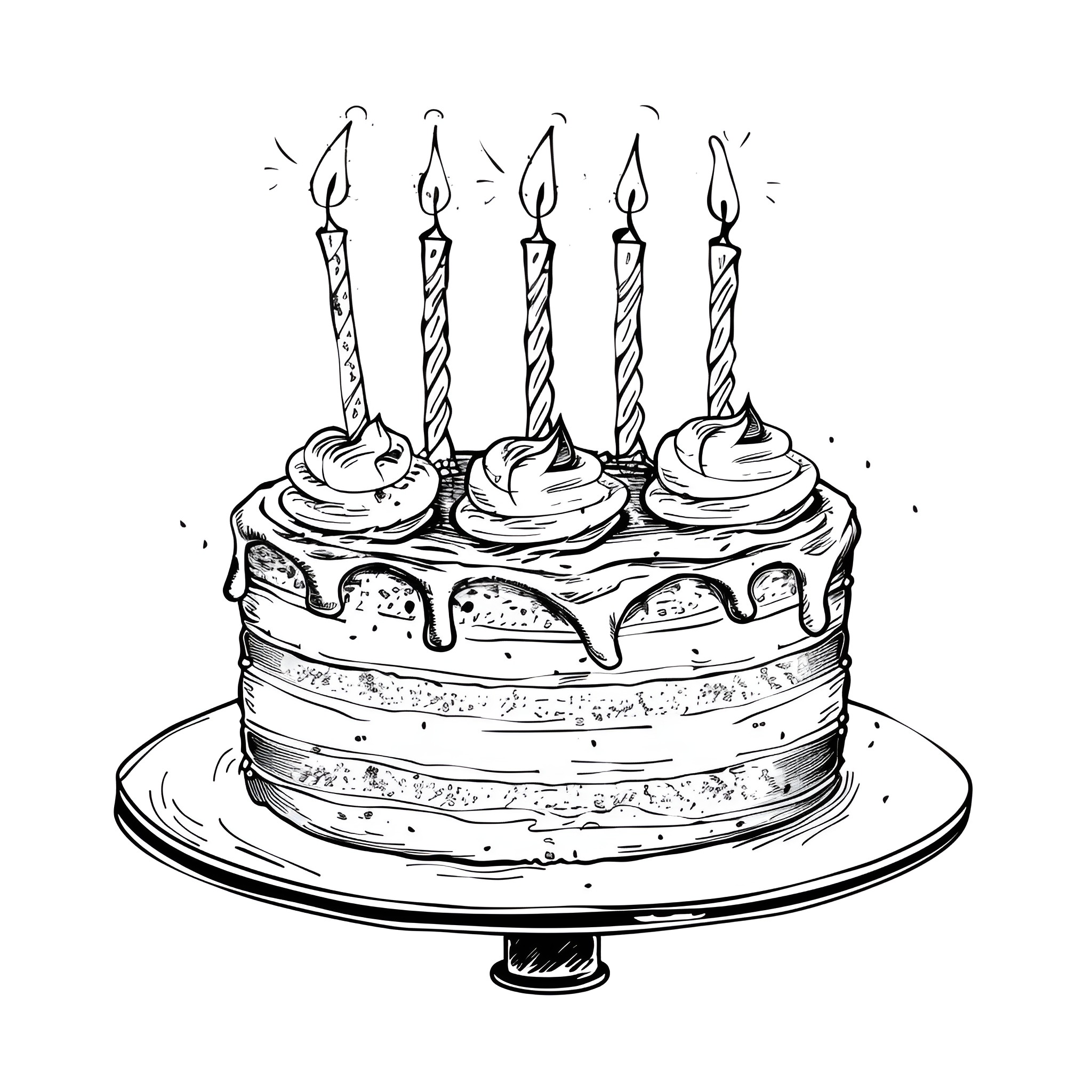 Birthday Card with Festive Cake and Candles Drawing Idea (free black-and-white line drawing printable PDF for all, from beginners to advanced learners, including children, teens, adults, and seniors)