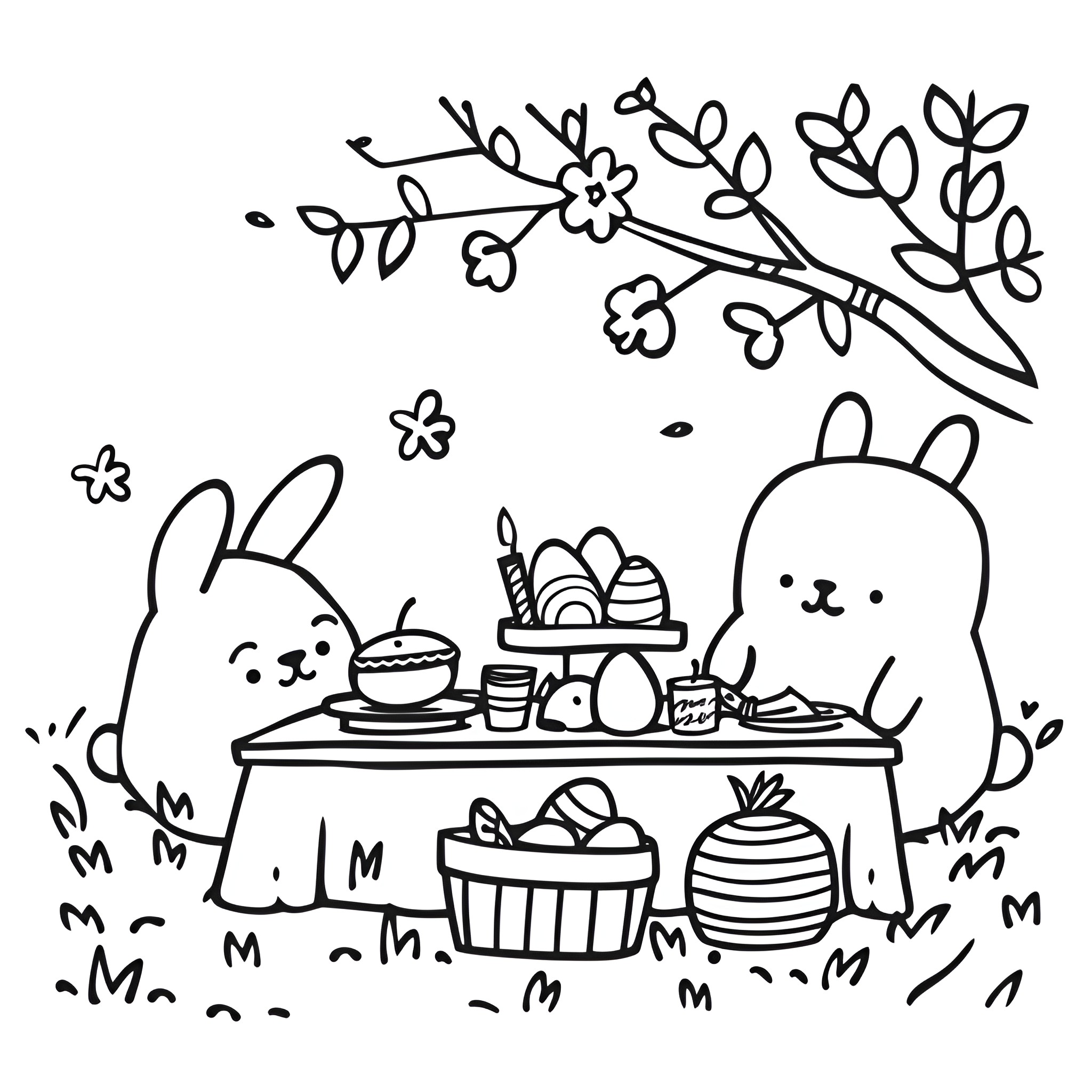 Easter bunnies enjoying a festive celebration Drawing Idea (free black-and-white line drawing printable PDF for all, from beginners to advanced learners, including children, teens, adults, and seniors)