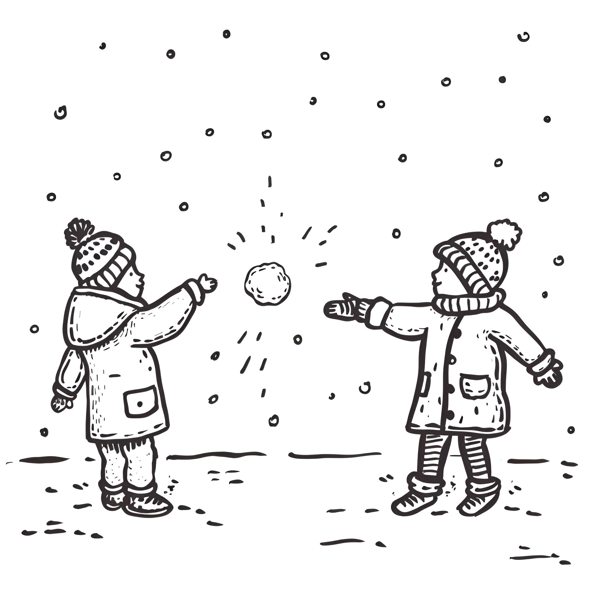 Christmas Card Snowball Fight in the Snow Drawing Idea (free black-and-white line drawing printable PDF for all, from beginners to advanced learners, including children, teens, adults, and seniors)
