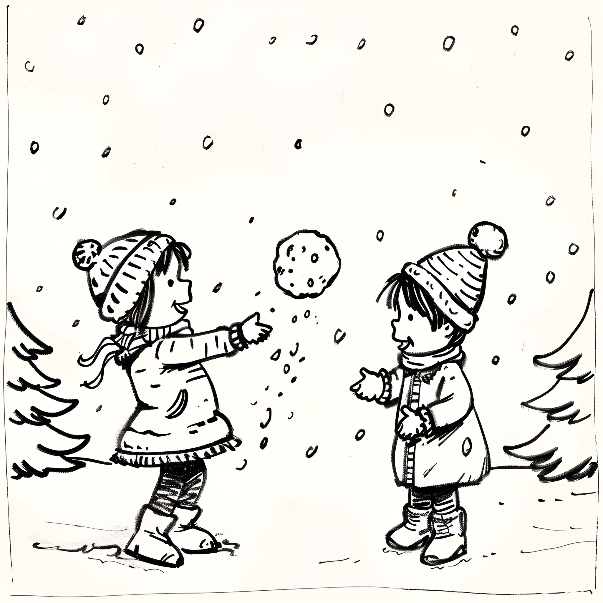 Christmas Card - Children playing in the snow Drawing Idea (free black-and-white line drawing printable PDF for all, from beginners to advanced learners, including children, teens, adults, and seniors)