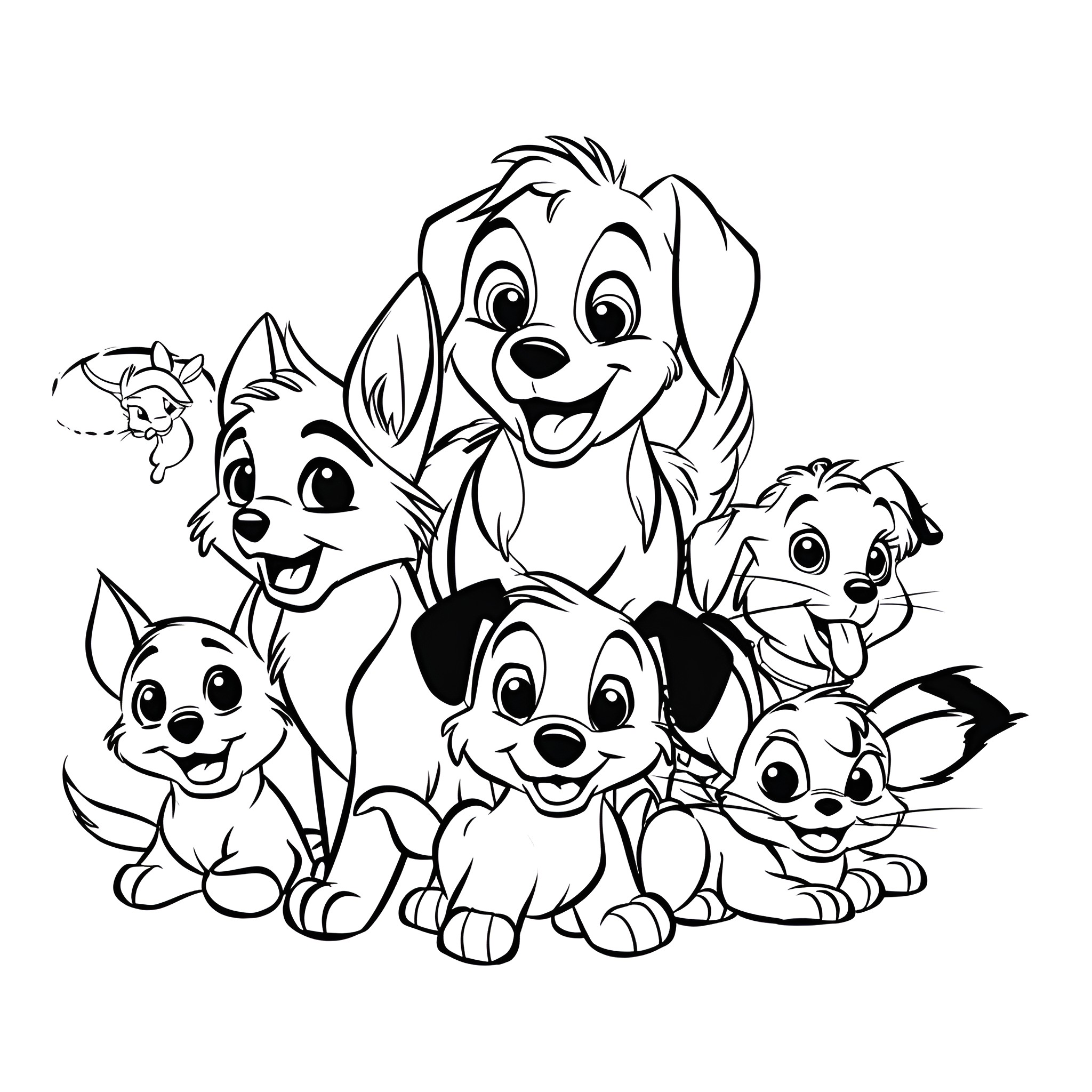Disney puppy family portrait Drawing Idea (free black-and-white line drawing printable PDF for all, from beginners to advanced learners, including children, teens, adults, and seniors)
