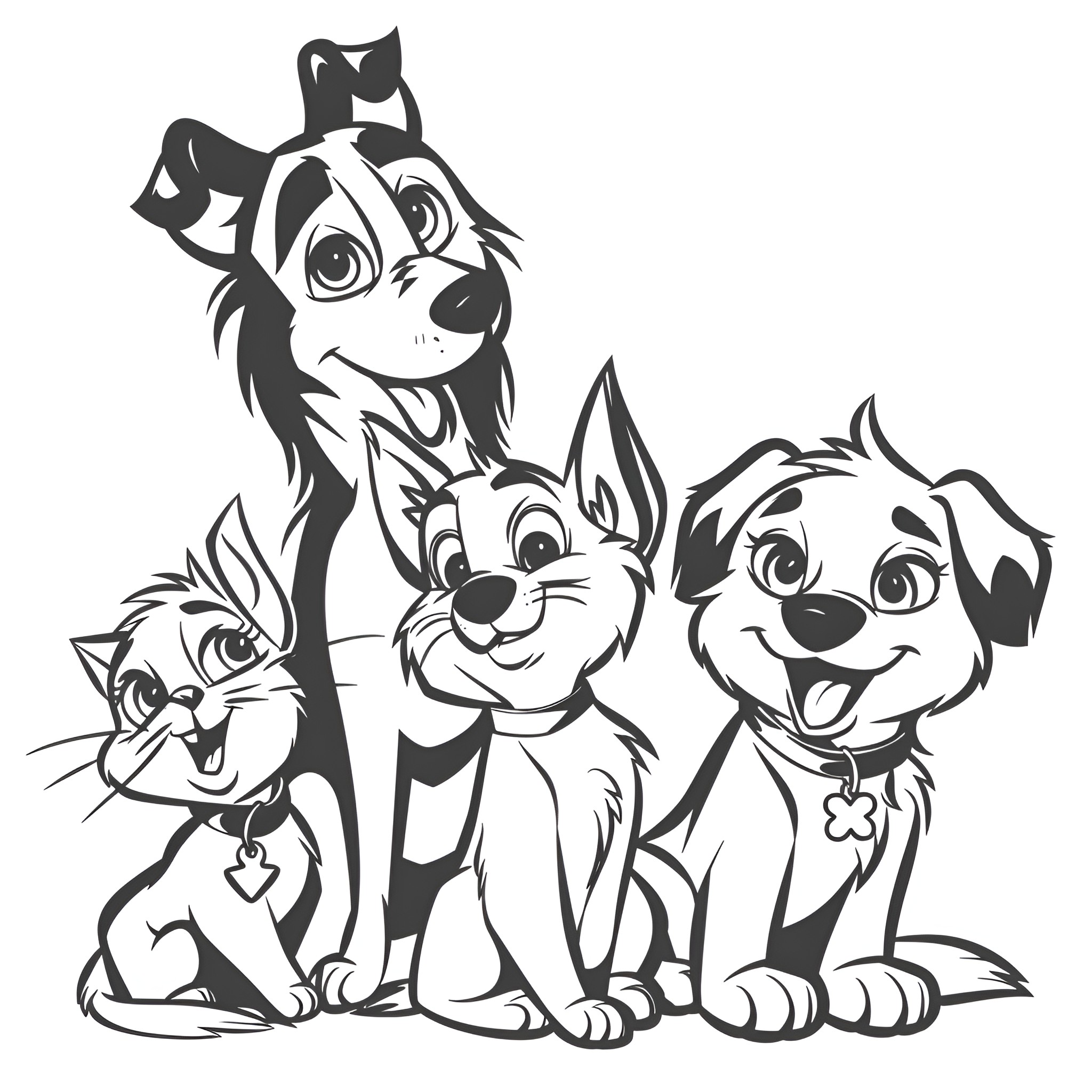 Disney puppies posing cheerfully together Drawing Idea (free black-and-white line drawing printable PDF for all, from beginners to advanced learners, including children, teens, adults, and seniors)
