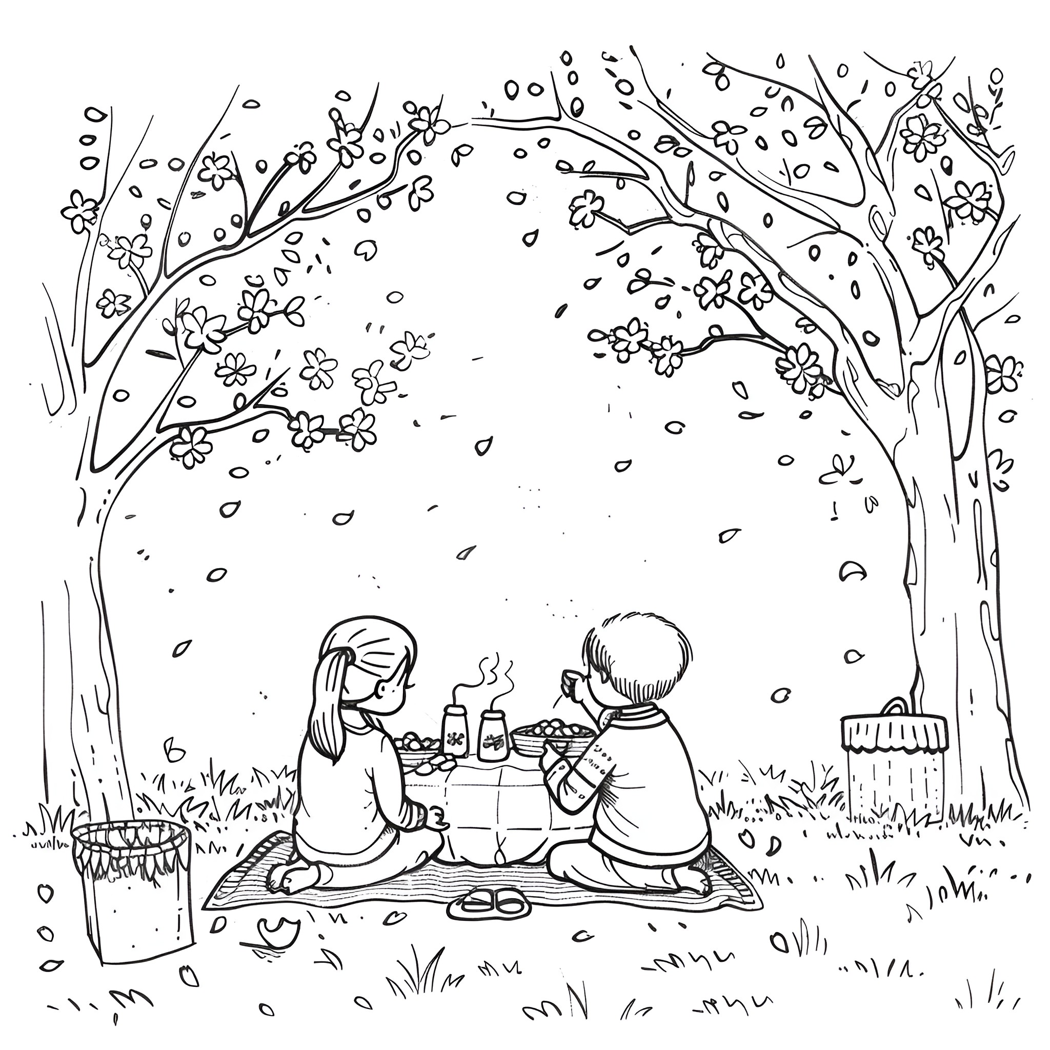 Easter picnic under blossoming trees Drawing Idea (free black-and-white line drawing printable PDF for all, from beginners to advanced learners, including children, teens, adults, and seniors)