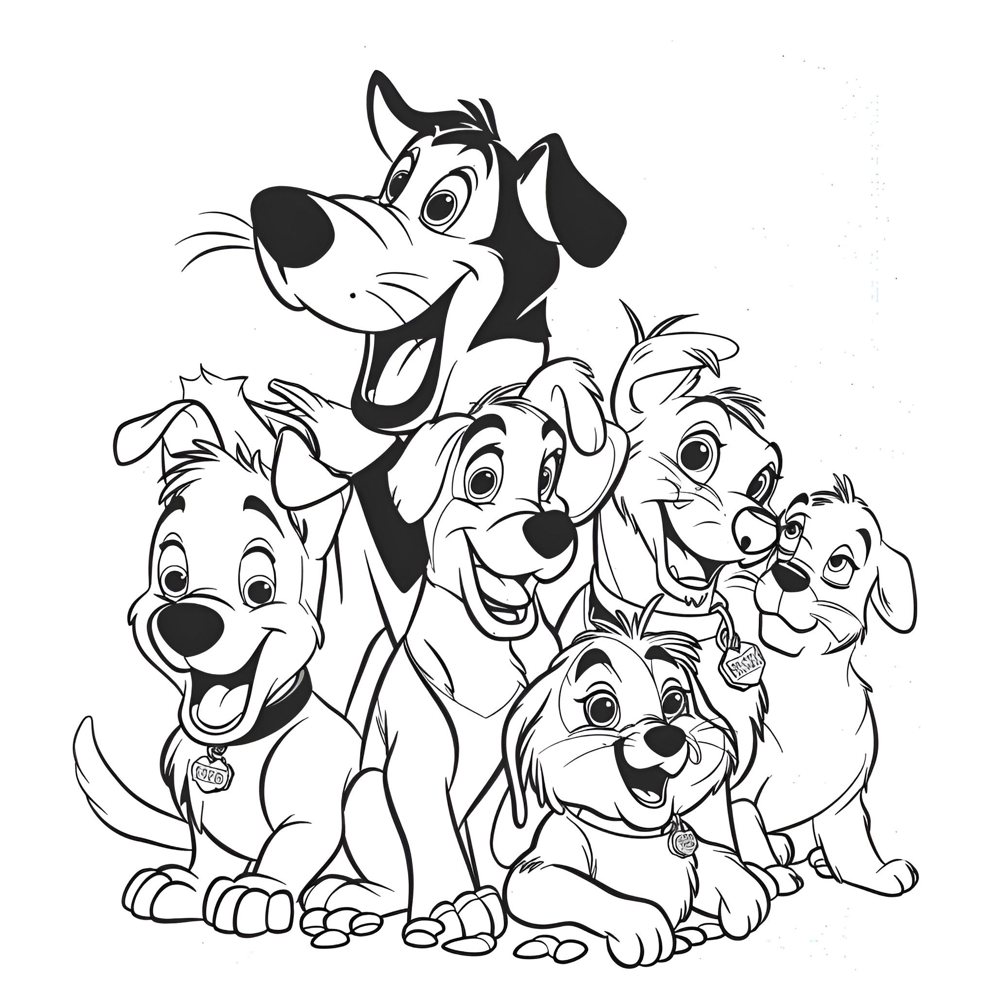 Disney dogs posing together cheerfully Drawing Idea (free black-and-white line drawing printable PDF for all, from beginners to advanced learners, including children, teens, adults, and seniors)