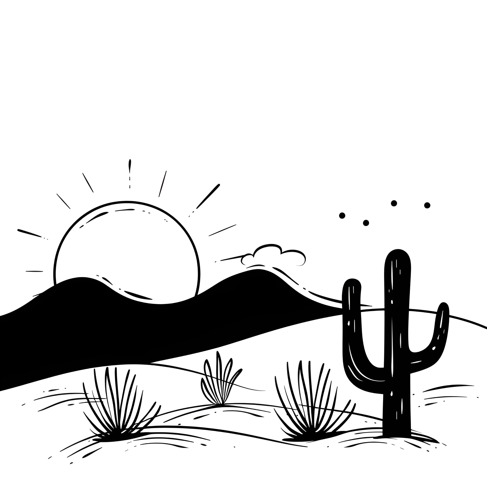 Nature's Desert Silhouette Drawing Idea (free black-and-white line drawing printable PDF for all, from beginners to advanced learners, including children, teens, adults, and seniors)