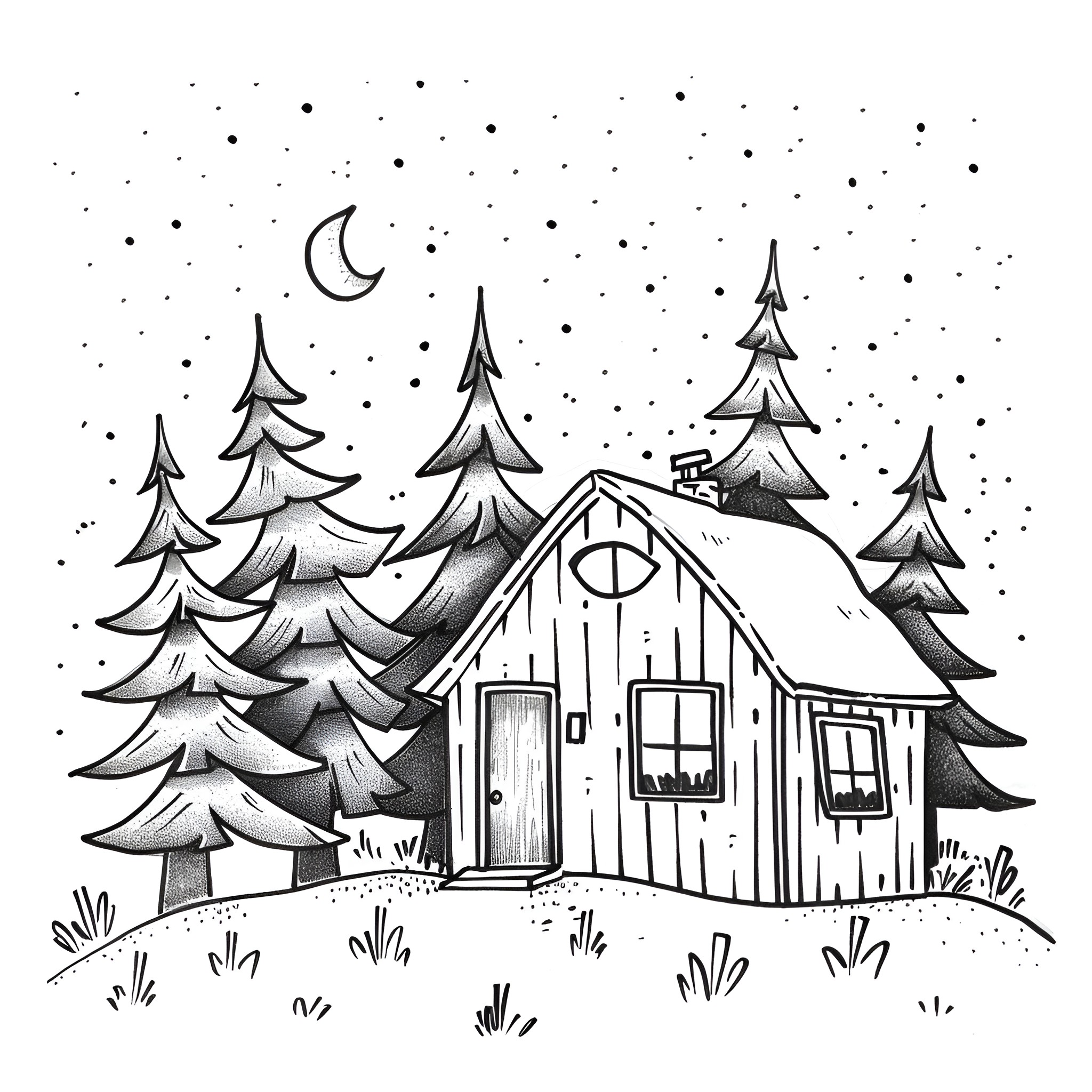 Christmas Card Featuring Cozy Winter Cottage Drawing Idea (free black-and-white line drawing printable PDF for all, from beginners to advanced learners, including children, teens, adults, and seniors)