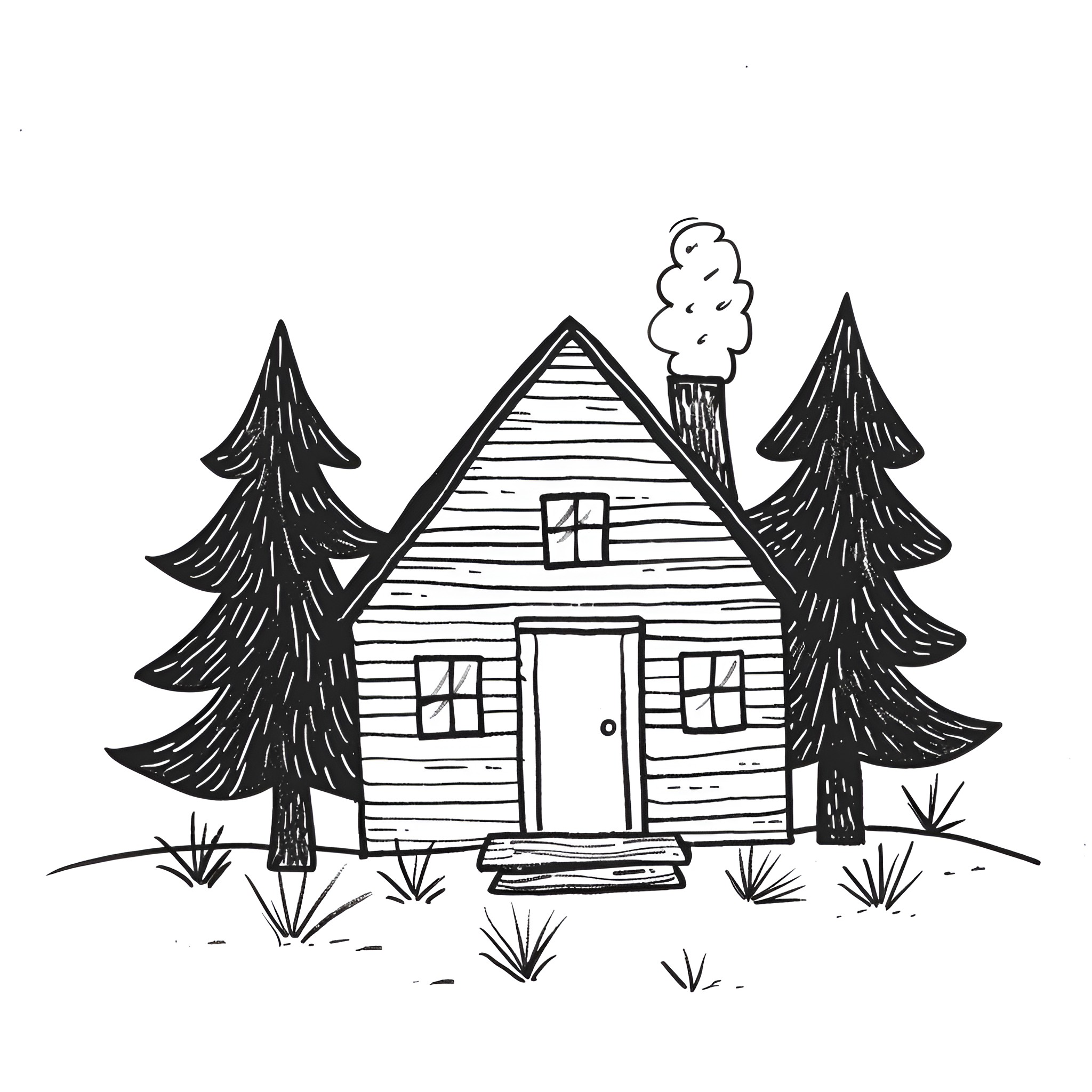 Christmas Card Cozy Cabin in Snowy Forest Drawing Idea (free black-and-white line drawing printable PDF for all, from beginners to advanced learners, including children, teens, adults, and seniors)