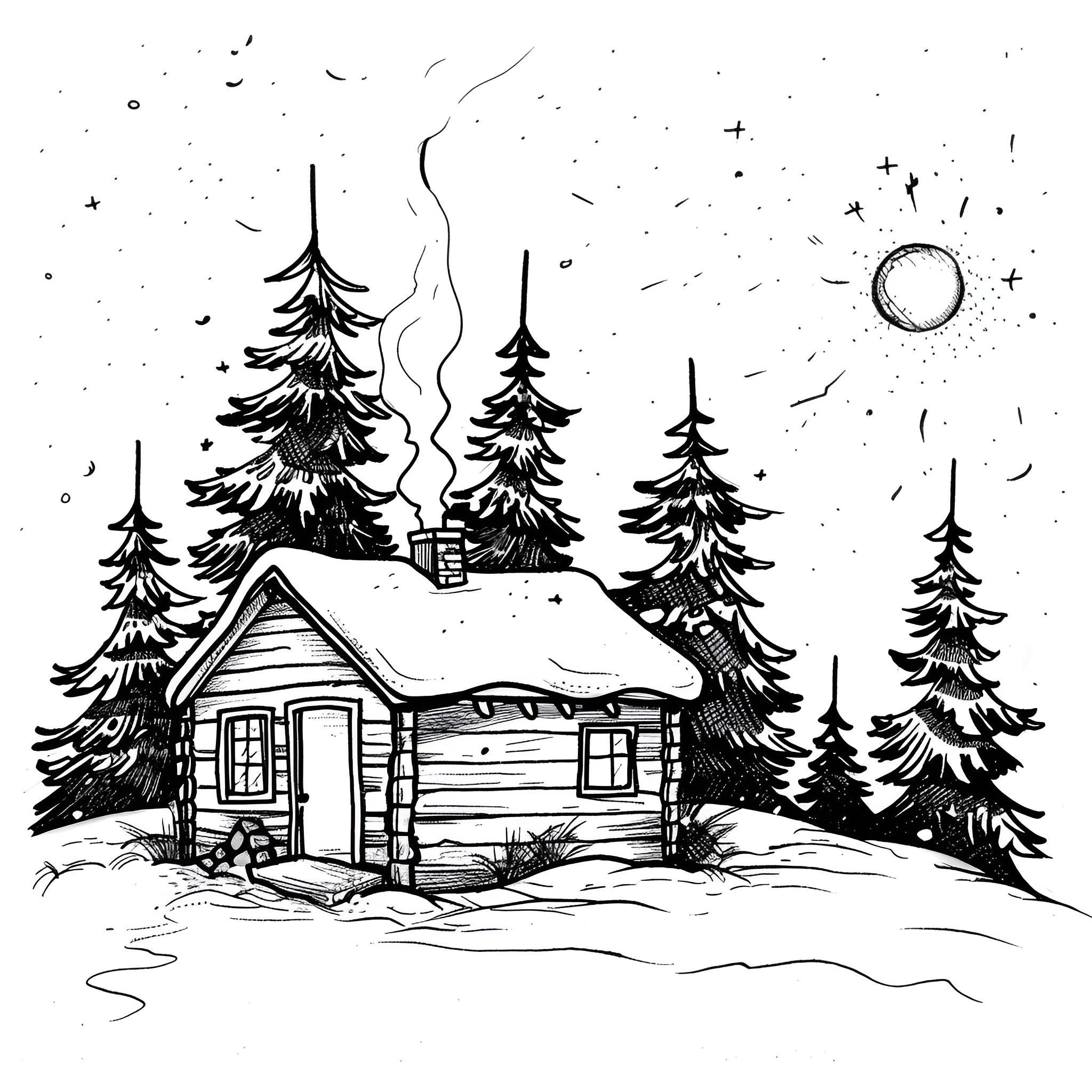 Christmas Card Cozy Cabin in Snowy Winter Landscape Drawing Idea (free black-and-white line drawing printable PDF for all, from beginners to advanced learners, including children, teens, adults, and seniors)