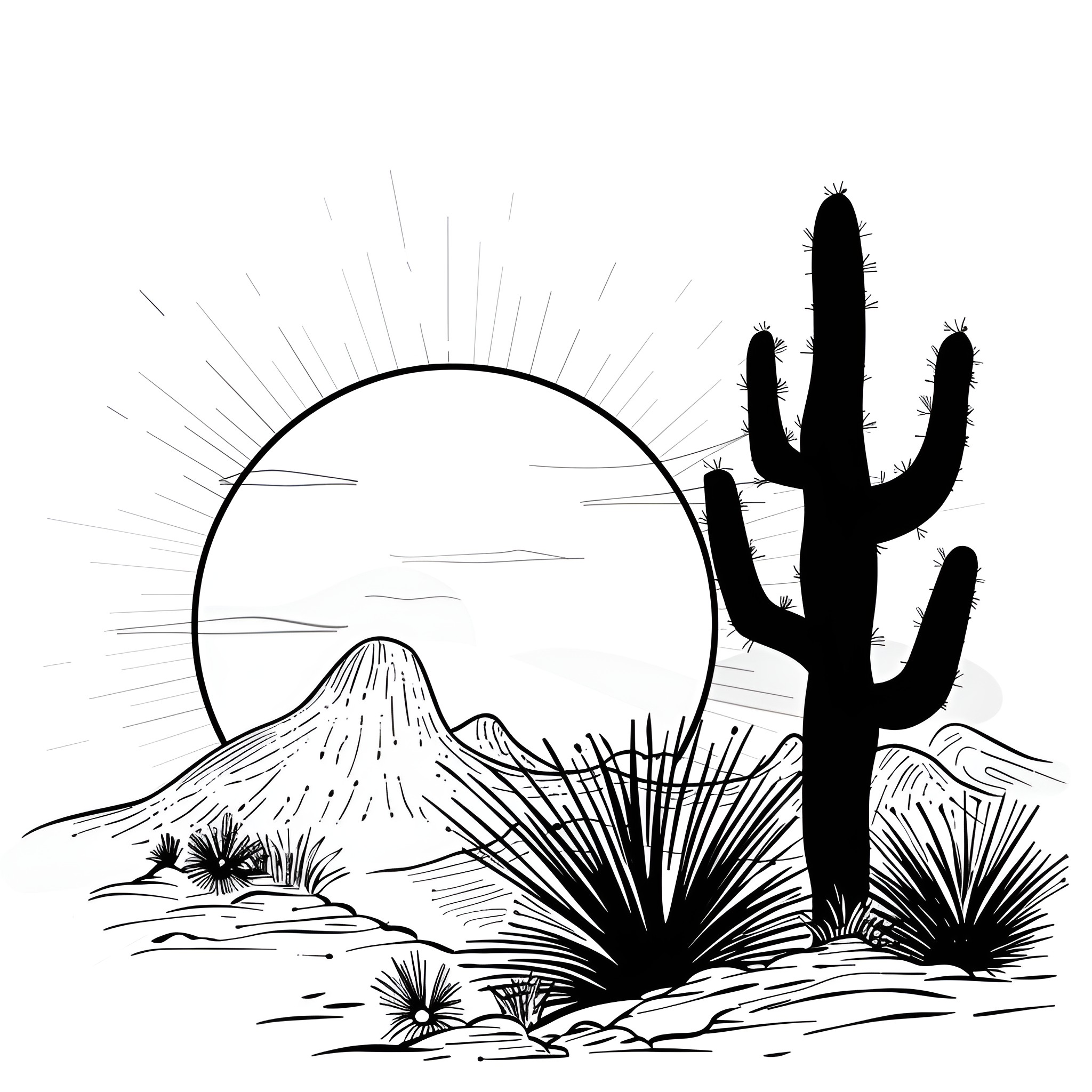 Nature's Desert Landscape Drawing Idea (free black-and-white line drawing printable PDF for all, from beginners to advanced learners, including children, teens, adults, and seniors)