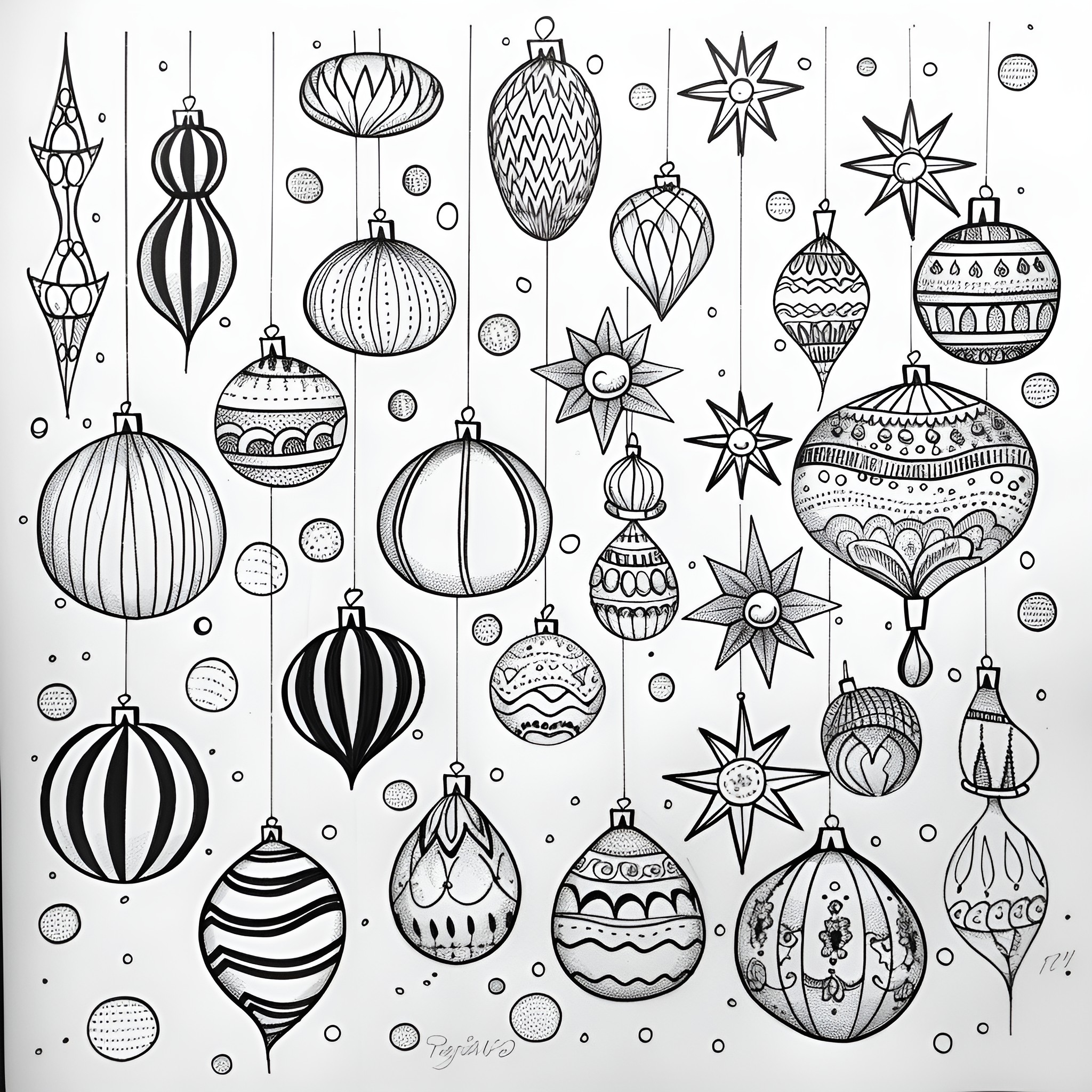 Ornaments of Various Shapes and Designs Drawing Idea (free black-and-white line drawing printable PDF for all, from beginners to advanced learners, including children, teens, adults, and seniors)