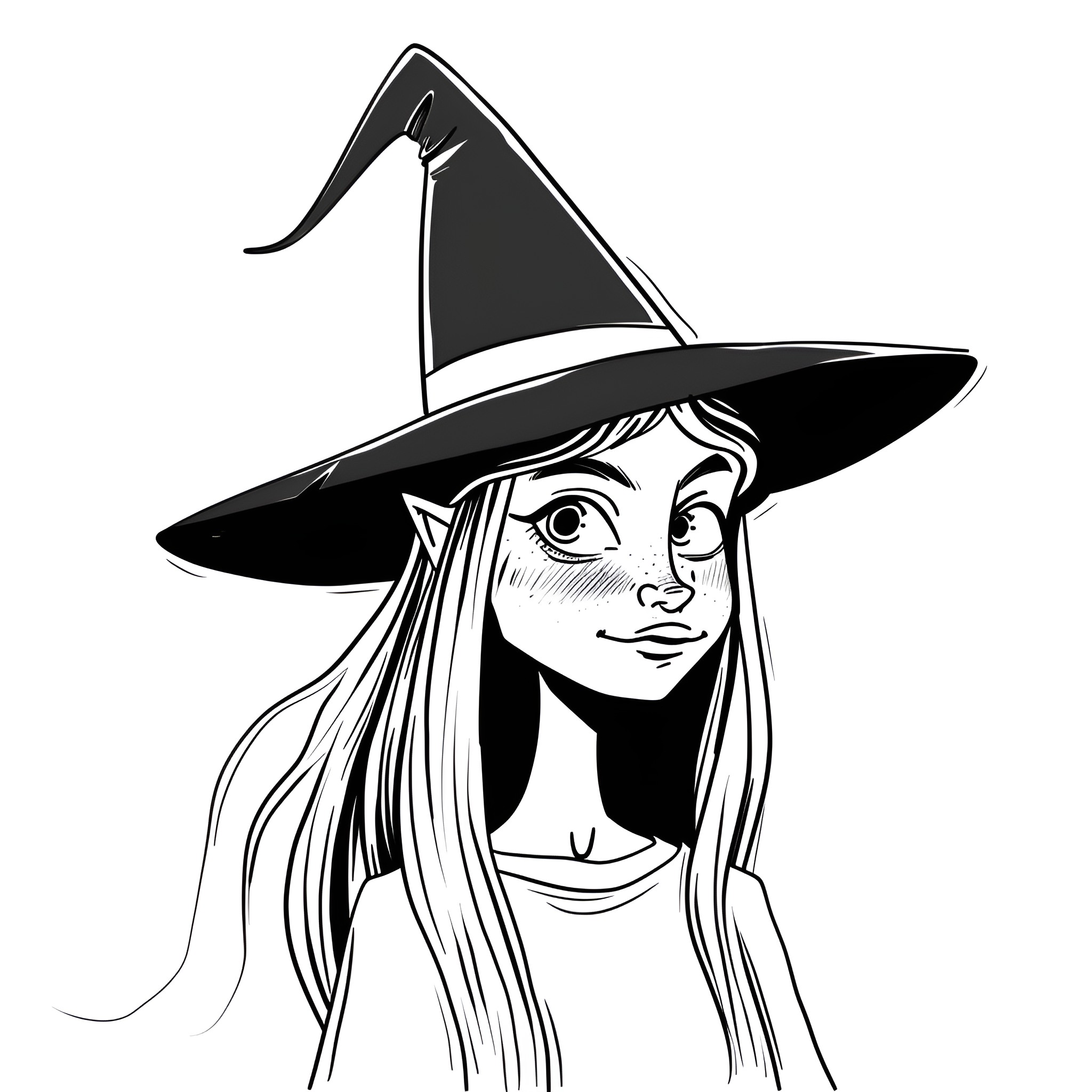 Witch with Mysterious Expression Drawing Idea (free black-and-white line drawing printable PDF for all, from beginners to advanced learners, including children, teens, adults, and seniors)