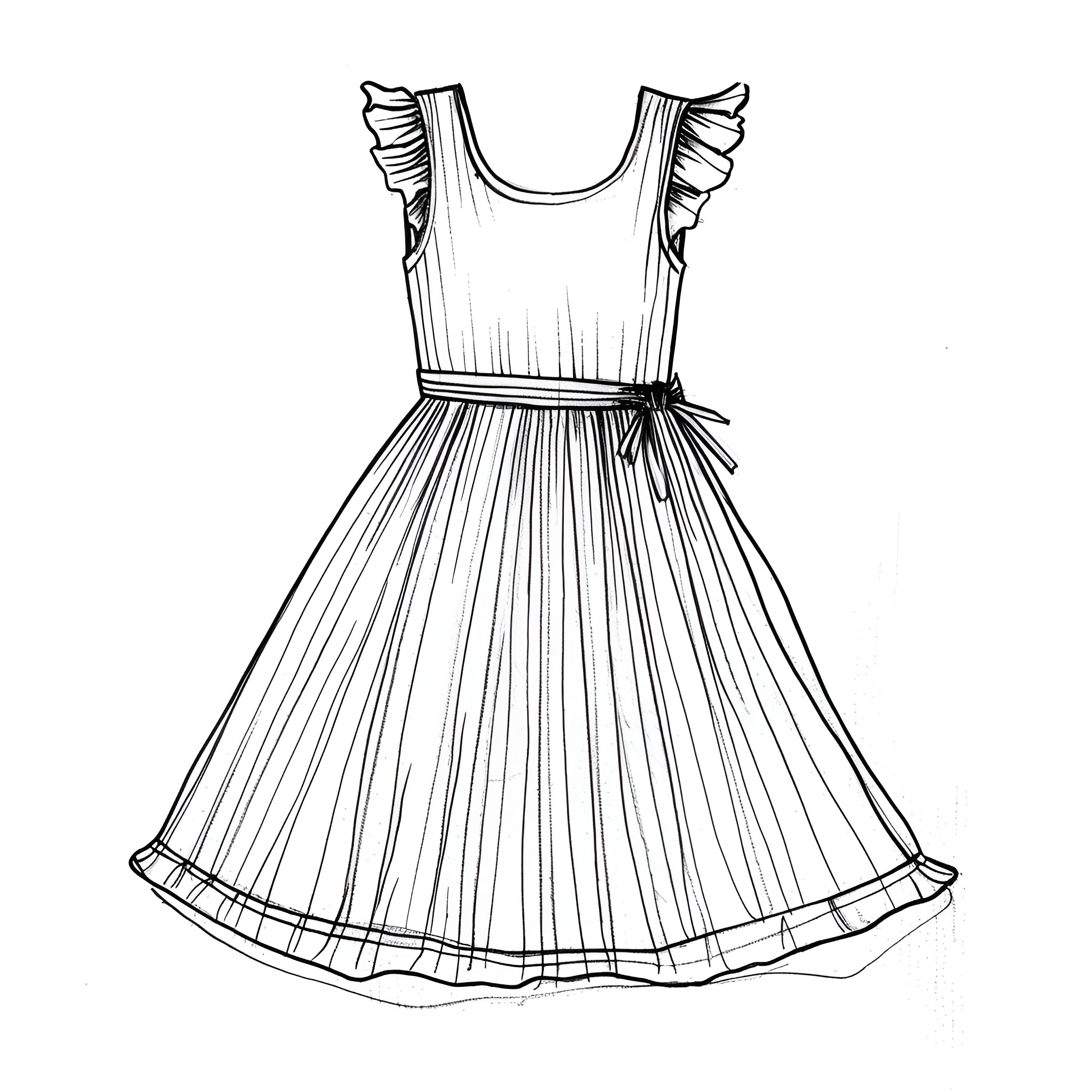 Dress with pleated skirt and ruffle sleeves Drawing Idea (free black-and-white line drawing printable PDF for all, from beginners to advanced learners, including children, teens, adults, and seniors)