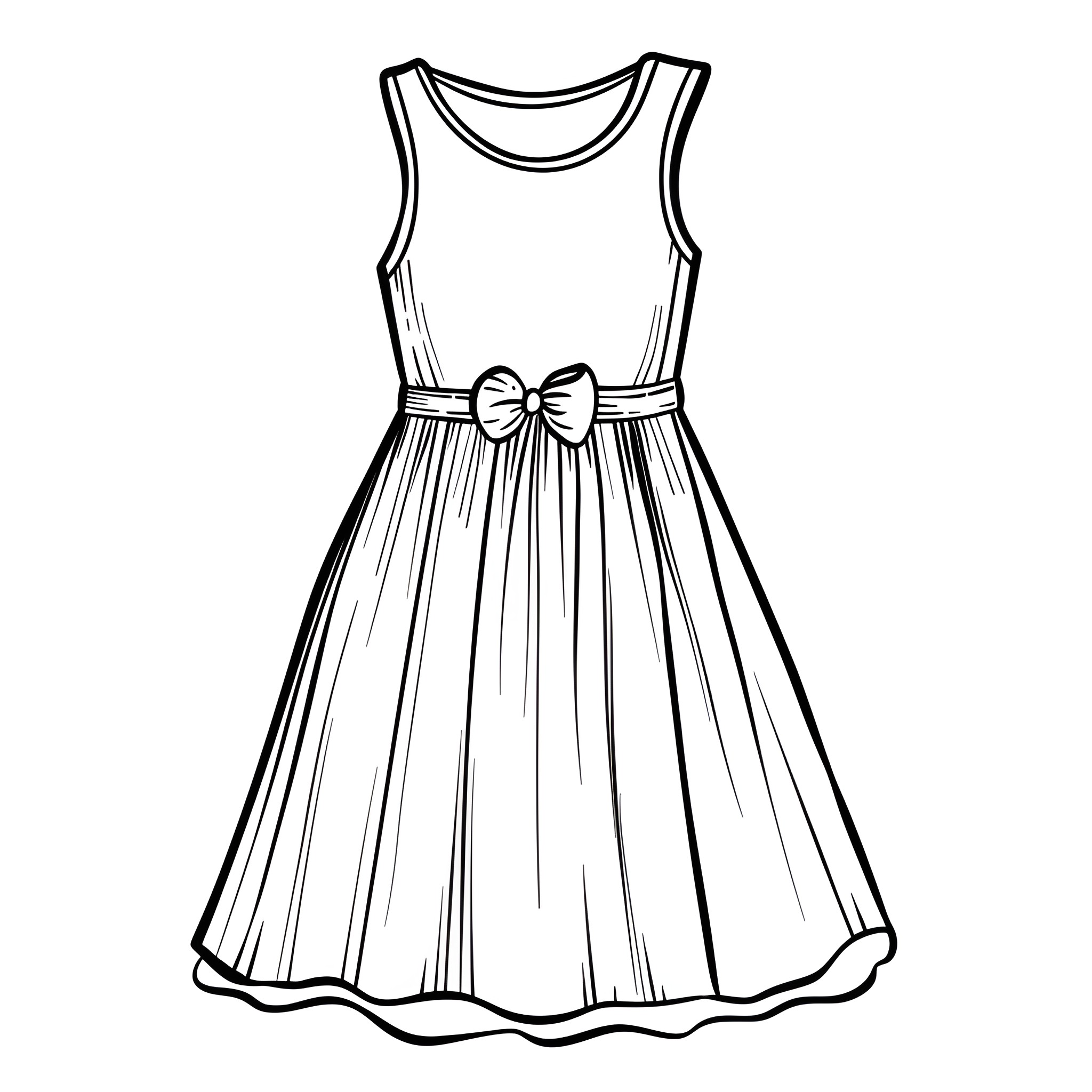 Dress with bow adorned and flared skirt Drawing Idea (free black-and-white line drawing printable PDF for all, from beginners to advanced learners, including children, teens, adults, and seniors)