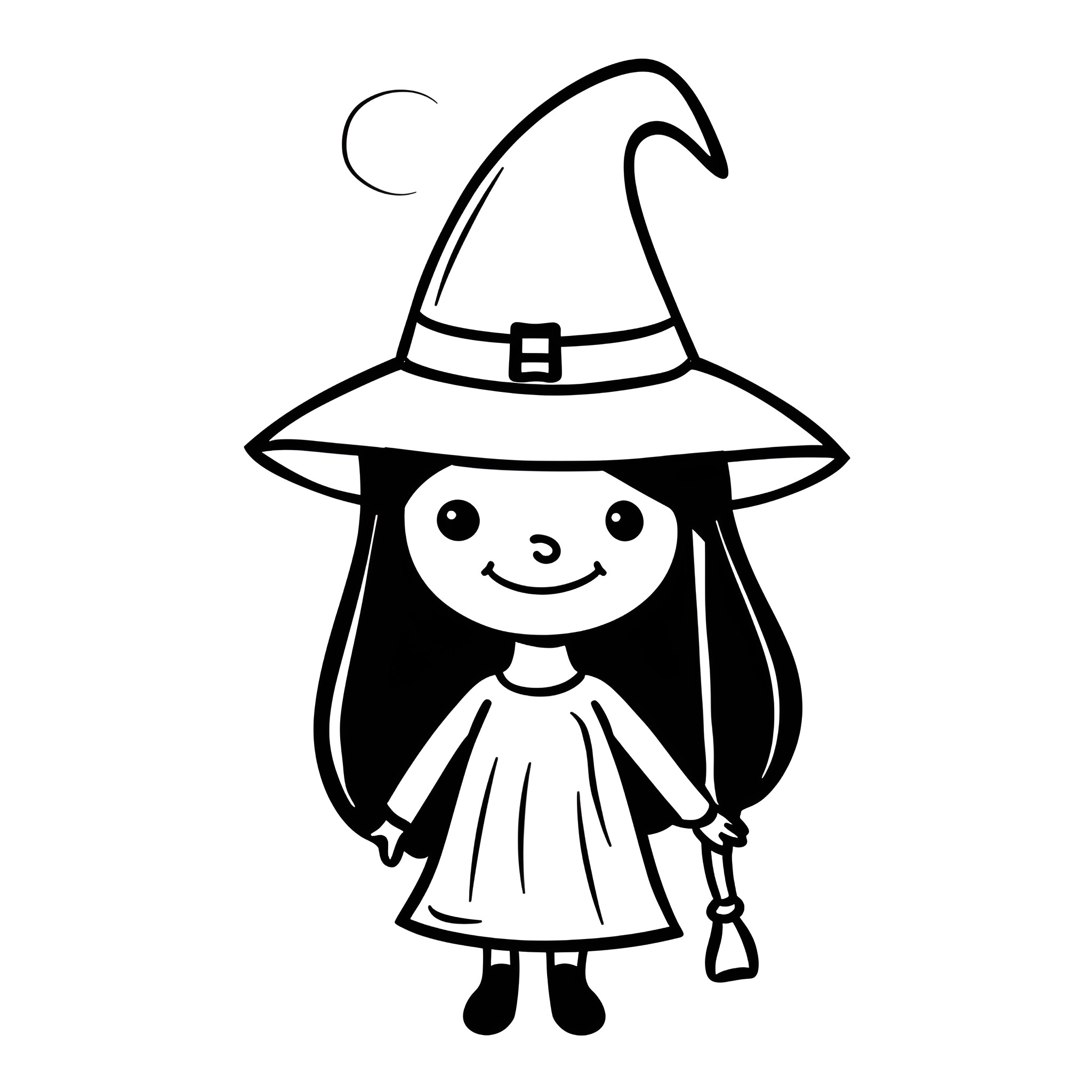 Witch in a Whimsical Outfit Drawing Idea (free black-and-white line drawing printable PDF for all, from beginners to advanced learners, including children, teens, adults, and seniors)