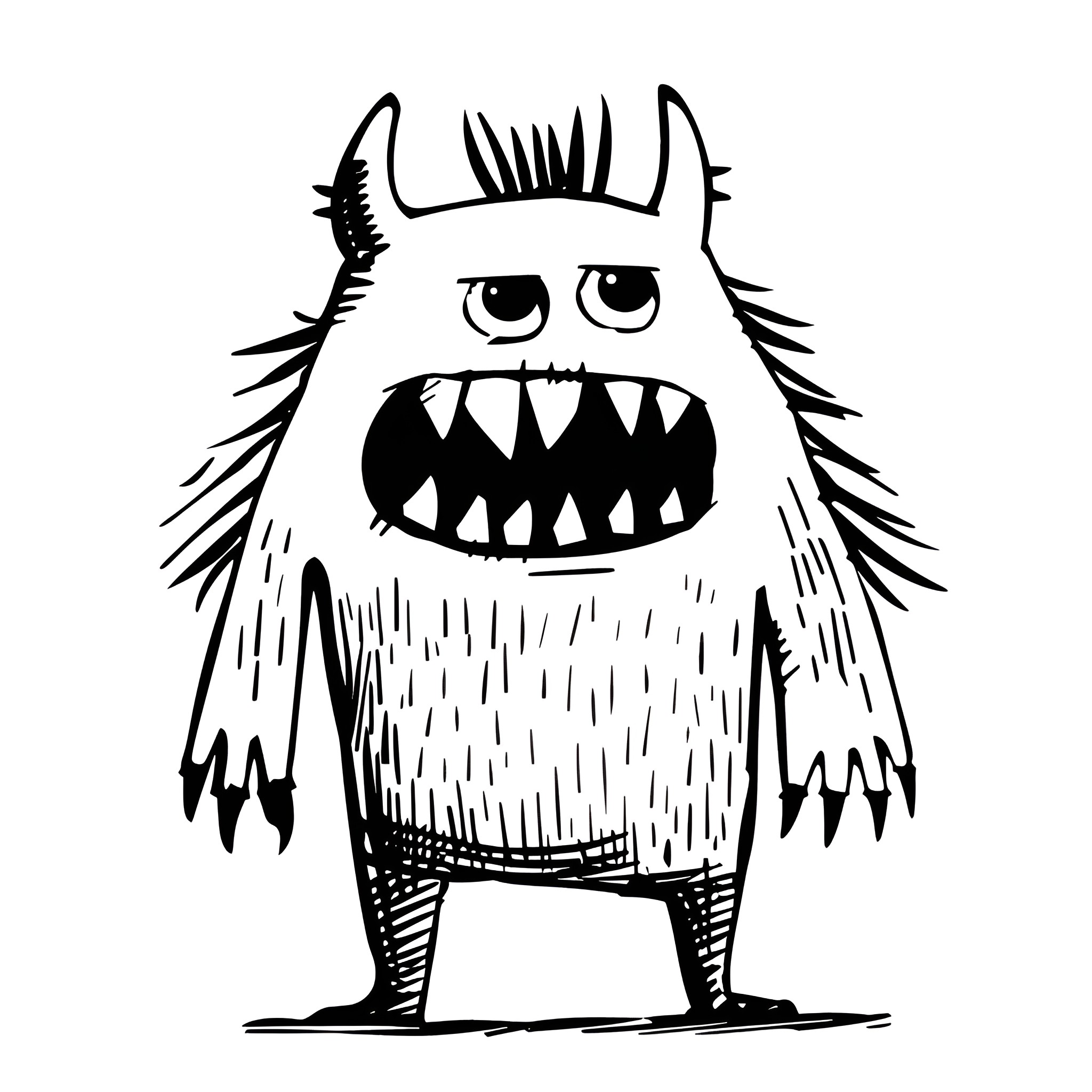 Monster with sharp teeth and disheveled fur Drawing Idea (free black-and-white line drawing printable PDF for all, from beginners to advanced learners, including children, teens, adults, and seniors)