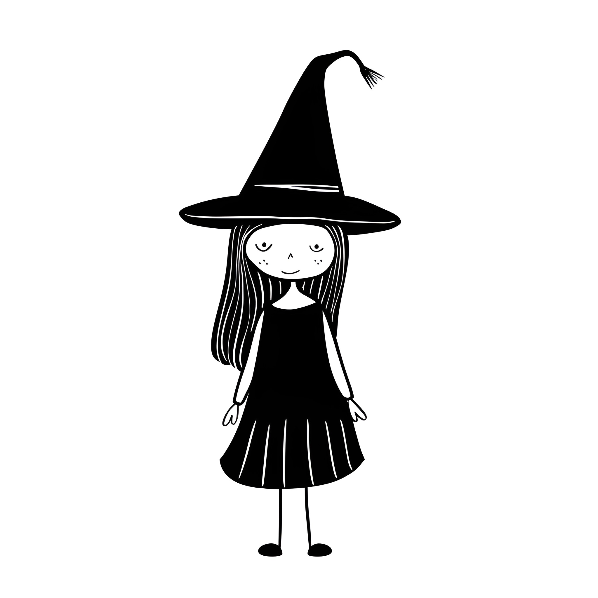 Witch in a long dress and hat Drawing Idea (free black-and-white line drawing printable PDF for all, from beginners to advanced learners, including children, teens, adults, and seniors)