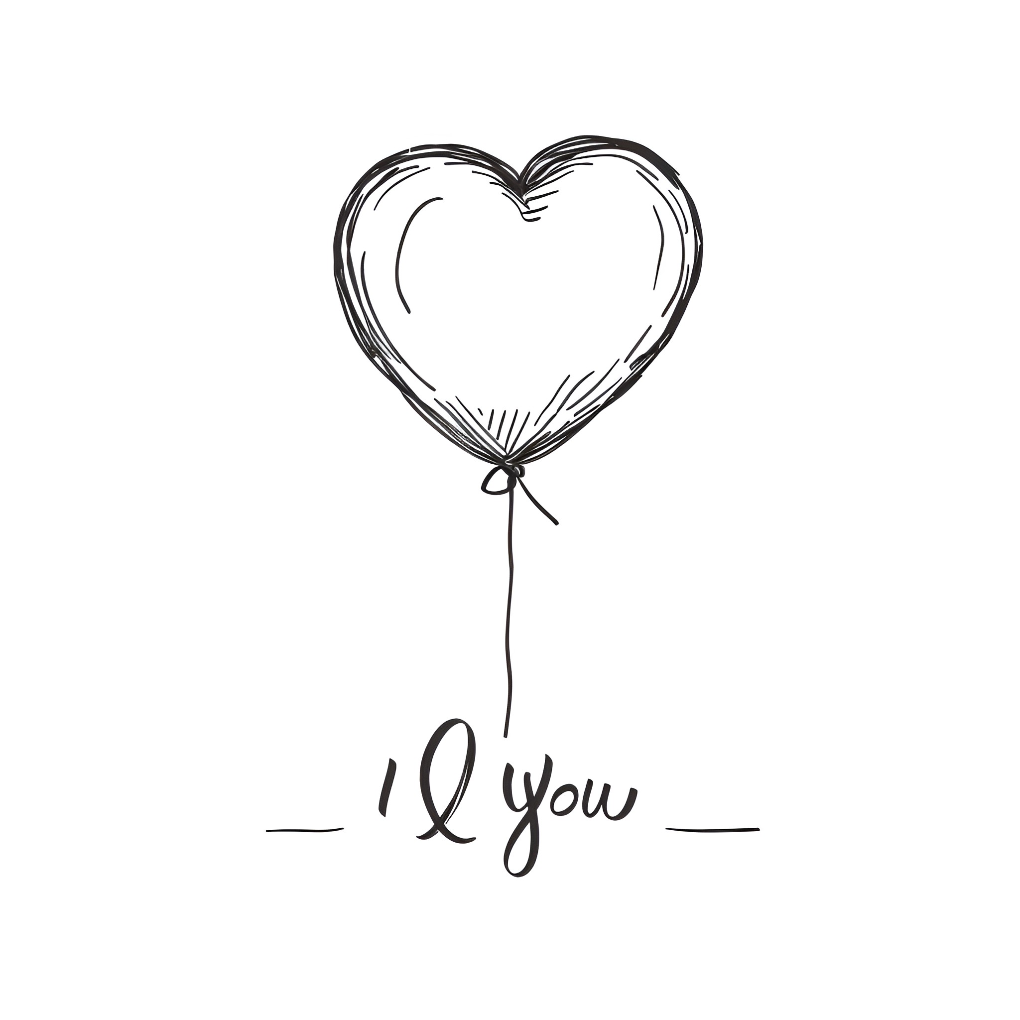 I Love You heart-shaped balloon Drawing Idea (free black-and-white line drawing printable PDF for all, from beginners to advanced learners, including children, teens, adults, and seniors)