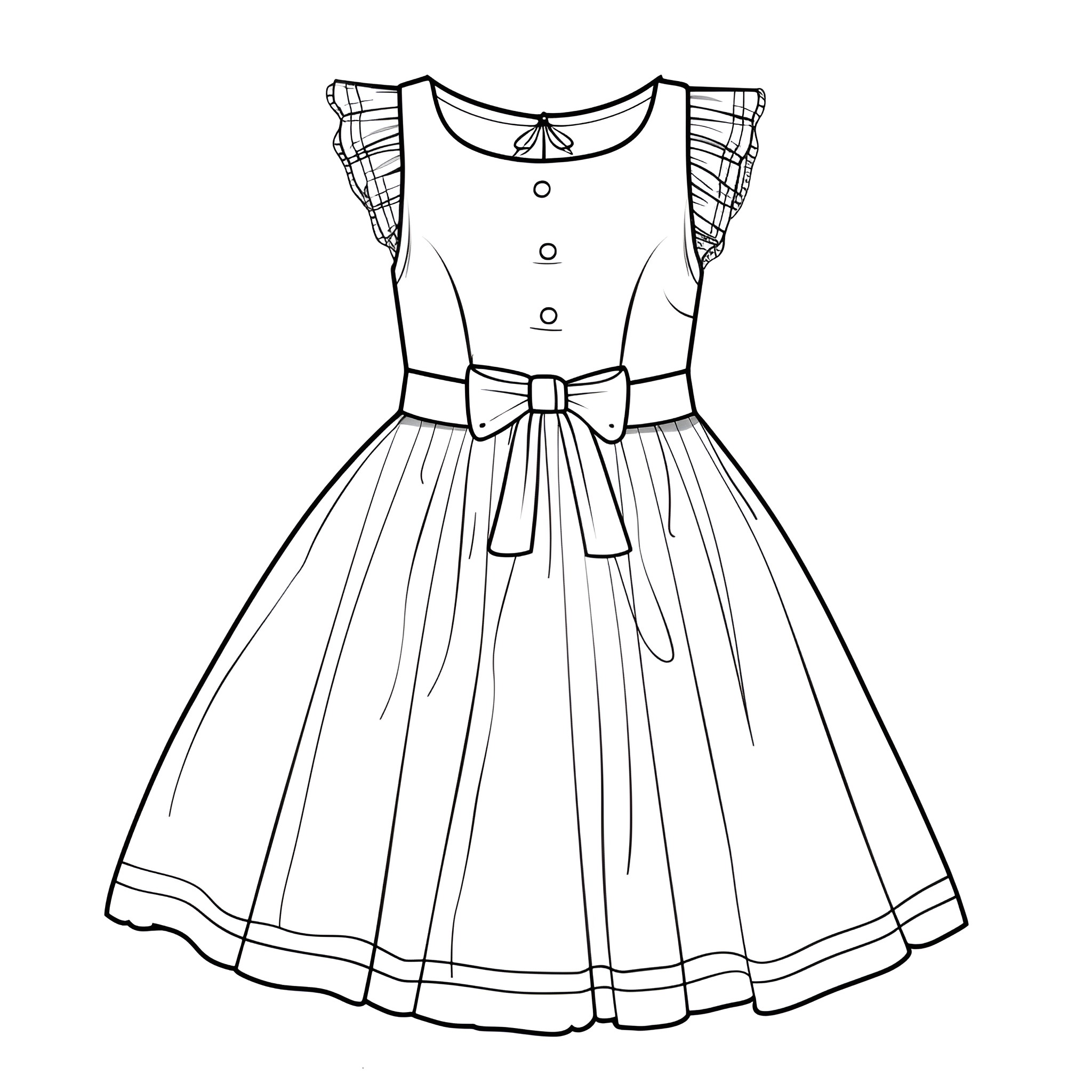 Dress with ruffled sleeves and belted waist Drawing Idea (free black-and-white line drawing printable PDF for all, from beginners to advanced learners, including children, teens, adults, and seniors)