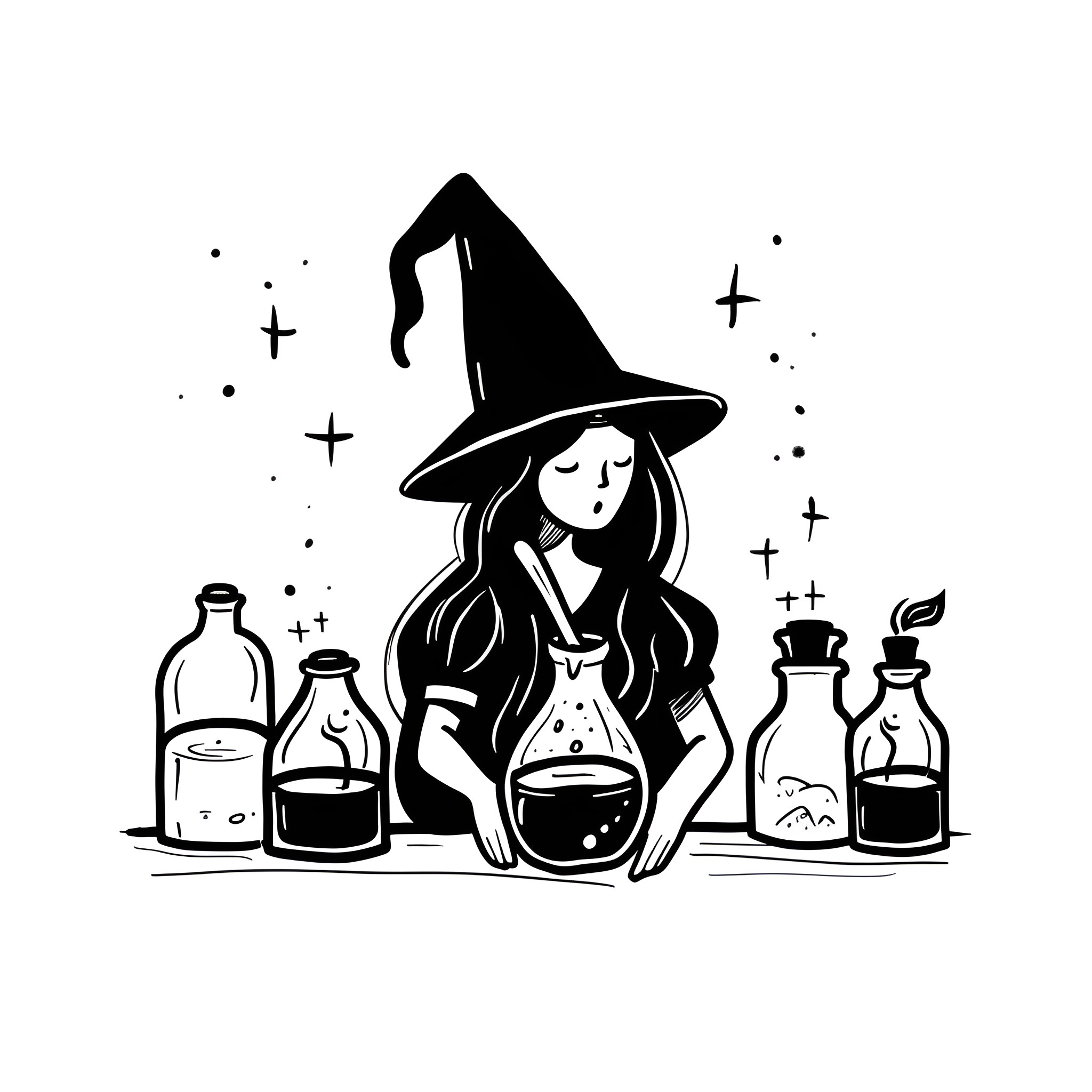 Witch brewing magical potions Drawing Idea (free black-and-white line drawing printable PDF for all, from beginners to advanced learners, including children, teens, adults, and seniors)