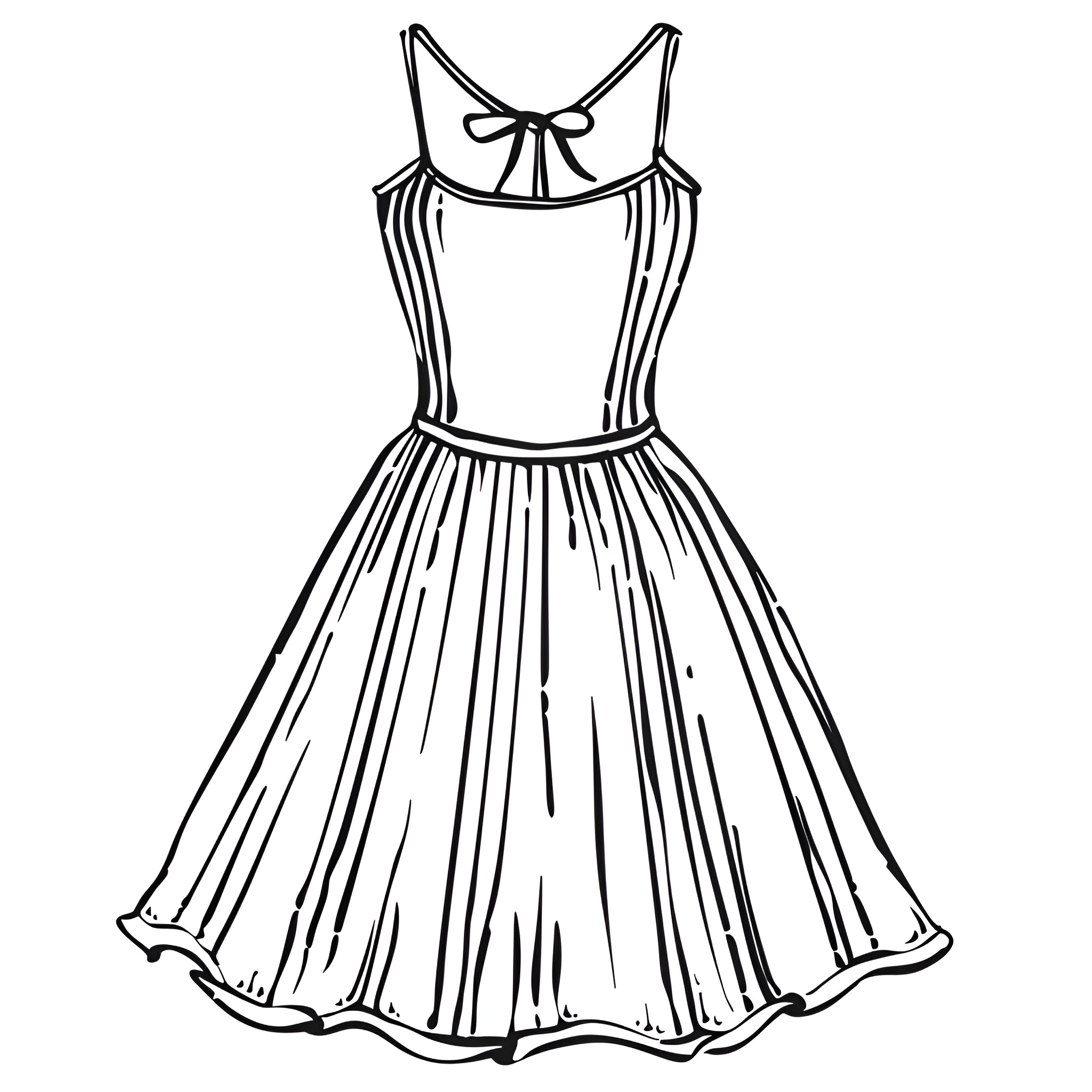 Dress with flowing skirt and bow detail Drawing Idea (free black-and-white line drawing printable PDF for all, from beginners to advanced learners, including children, teens, adults, and seniors)