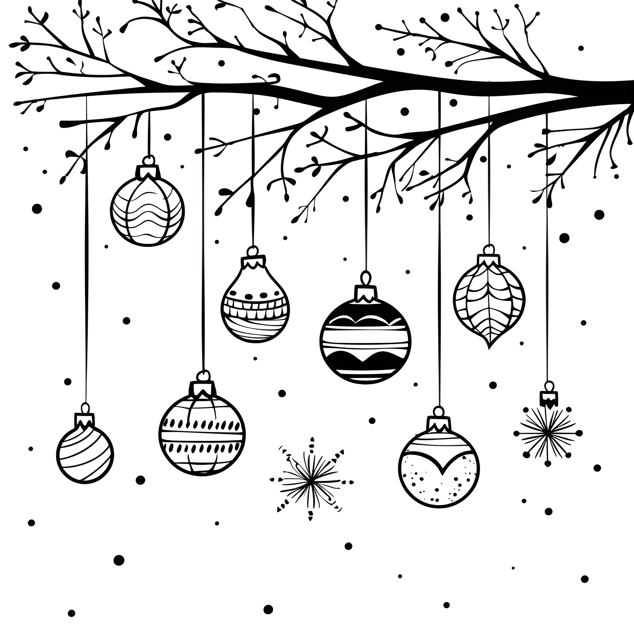 Ornaments hanging from winter branches Drawing Idea (free black-and-white line drawing printable PDF for all, from beginners to advanced learners, including children, teens, adults, and seniors)
