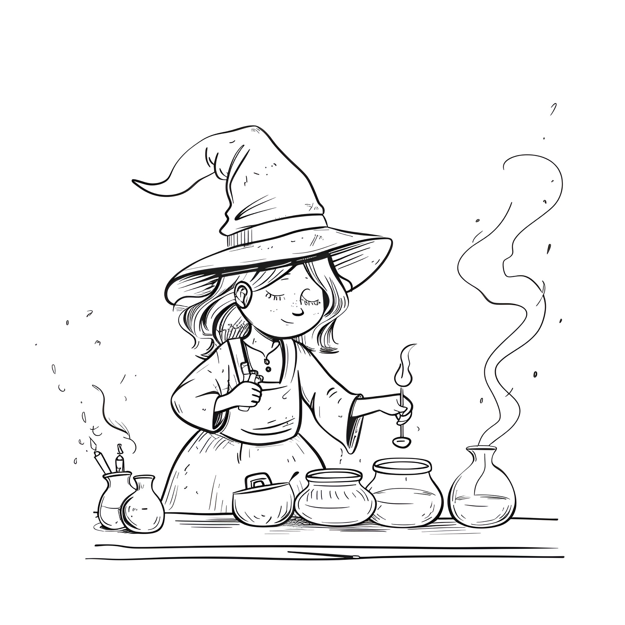 Witch brewing magical potions Drawing Idea (free black-and-white line drawing printable PDF for all, from beginners to advanced learners, including children, teens, adults, and seniors)