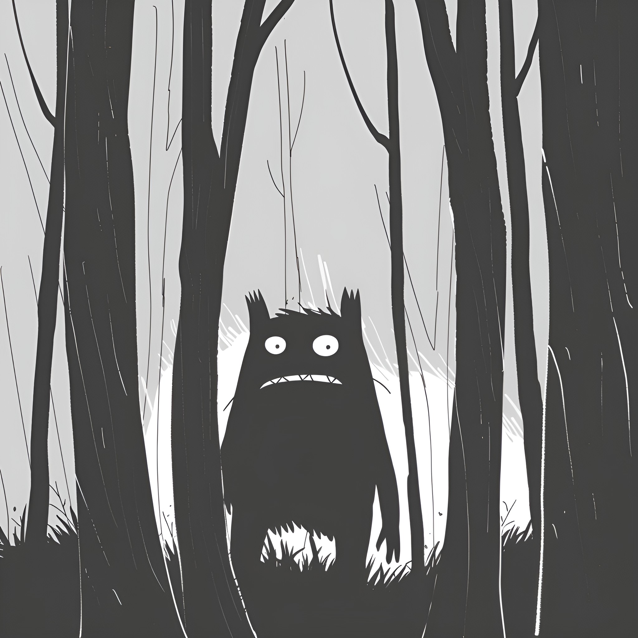 Monster lurking in shadowy forest Drawing Idea (free black-and-white line drawing printable PDF for all, from beginners to advanced learners, including children, teens, adults, and seniors)