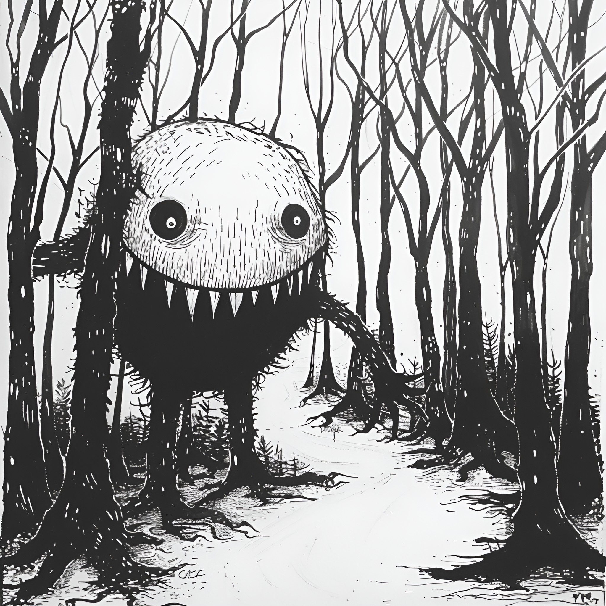 Monster lurking in the spooky forest Drawing Idea (free black-and-white line drawing printable PDF for all, from beginners to advanced learners, including children, teens, adults, and seniors)