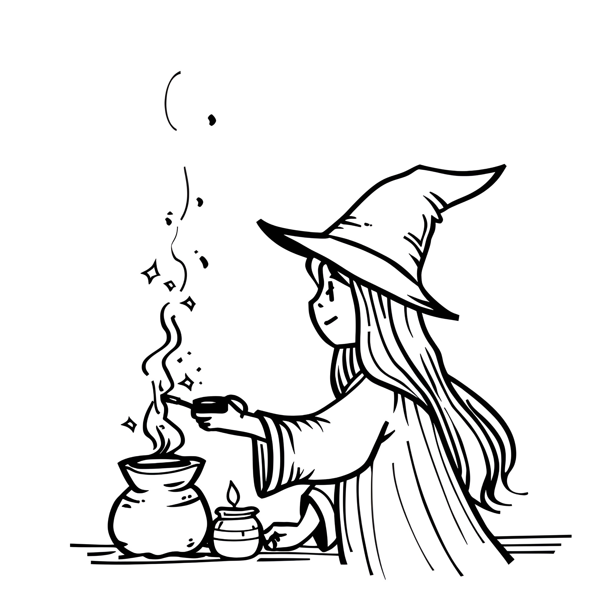 Witch brewing a magical potion Drawing Idea (free black-and-white line drawing printable PDF for all, from beginners to advanced learners, including children, teens, adults, and seniors)