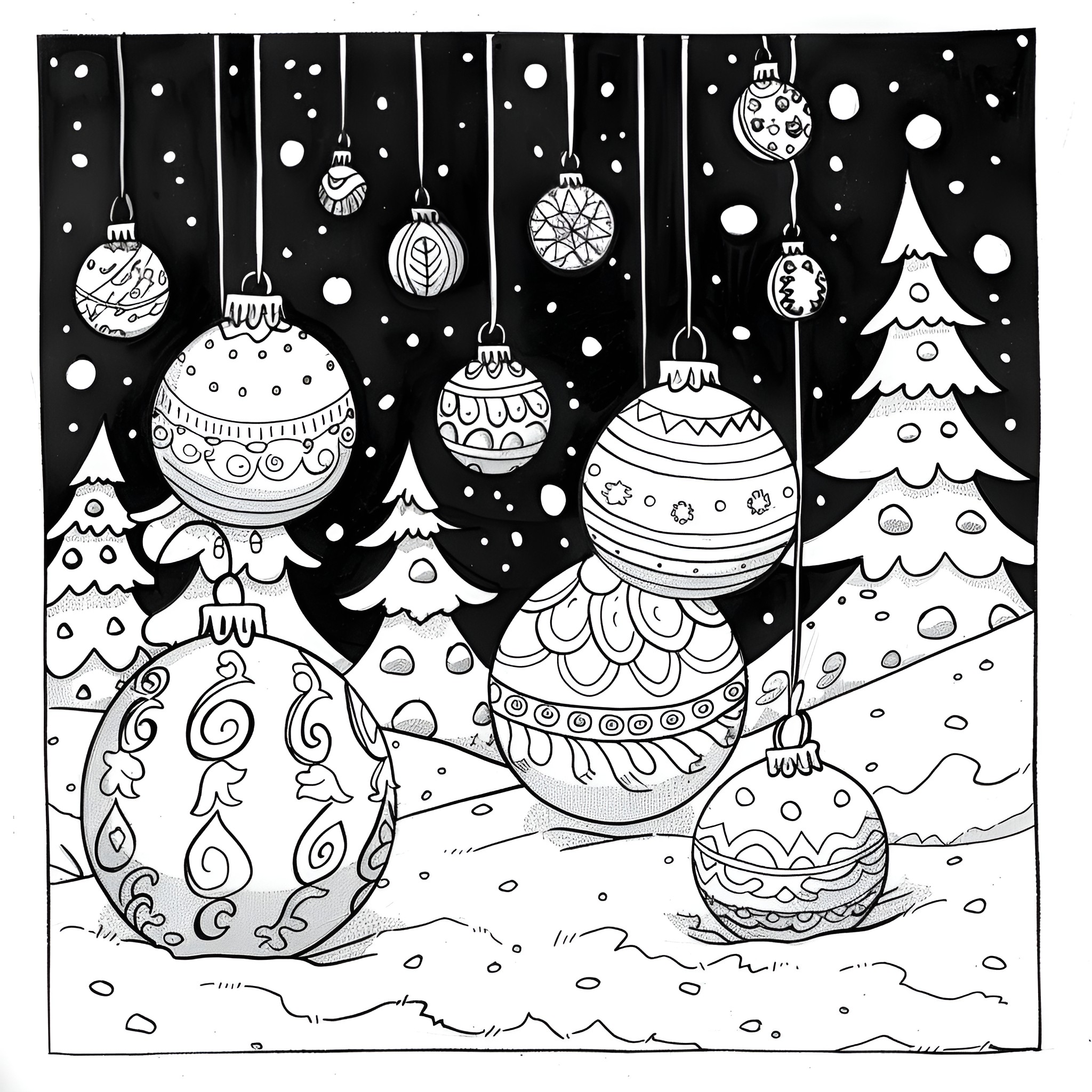 Ornaments Decorating a Whimsical Winter Wonderland Drawing Idea (free black-and-white line drawing printable PDF for all, from beginners to advanced learners, including children, teens, adults, and seniors)