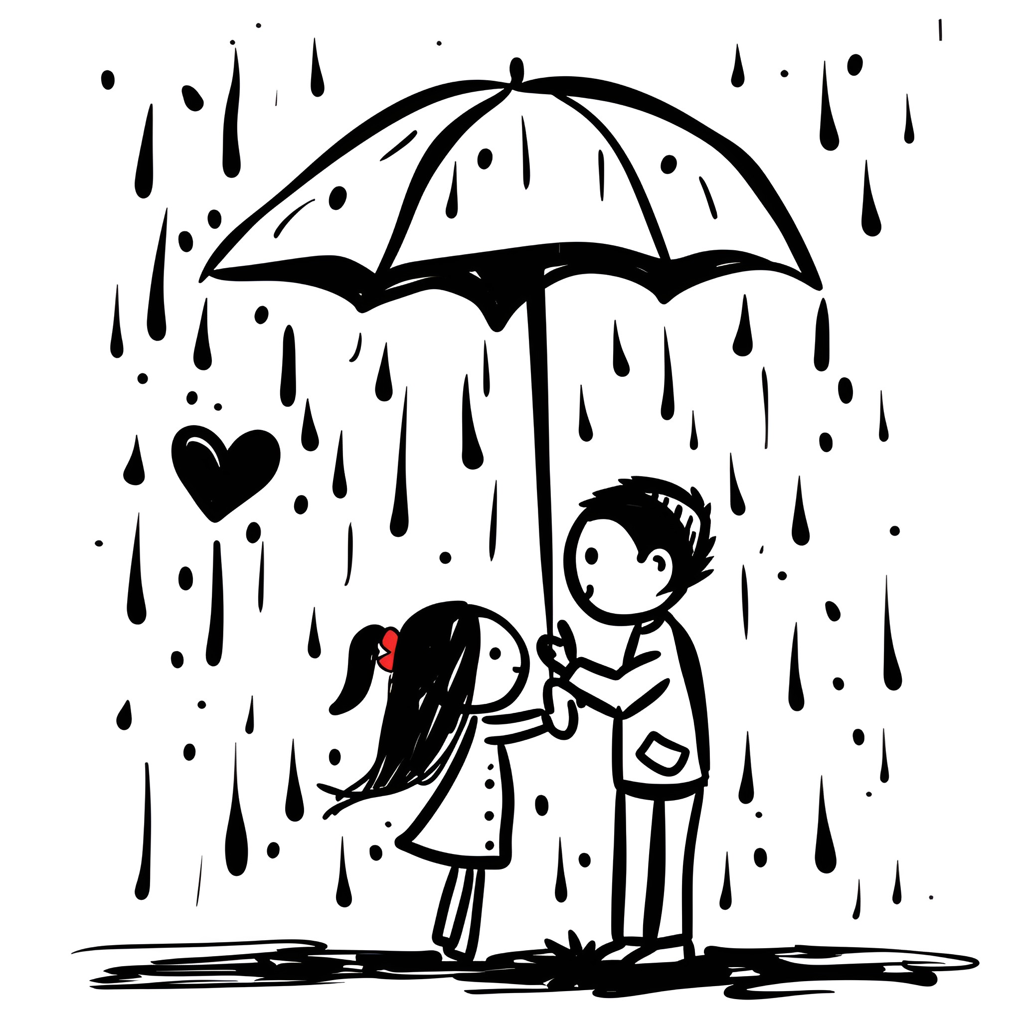 I Love You Sharing Umbrella in Rain Drawing Idea (free black-and-white line drawing printable PDF for all, from beginners to advanced learners, including children, teens, adults, and seniors)