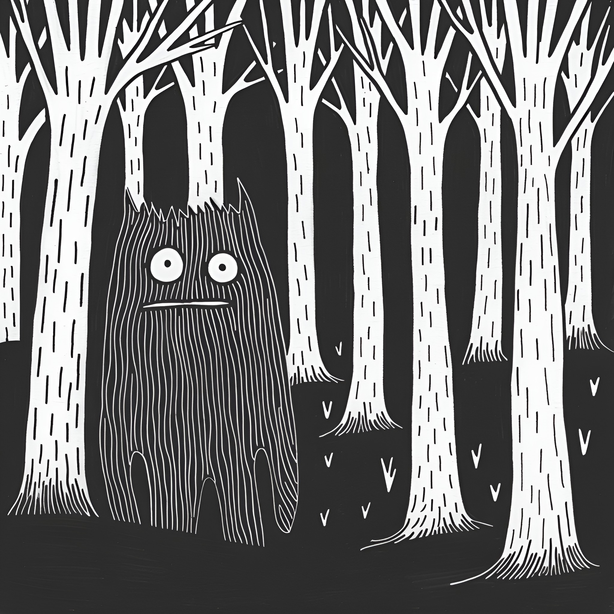 Monster lurking in the spooky forest Drawing Idea (free black-and-white line drawing printable PDF for all, from beginners to advanced learners, including children, teens, adults, and seniors)