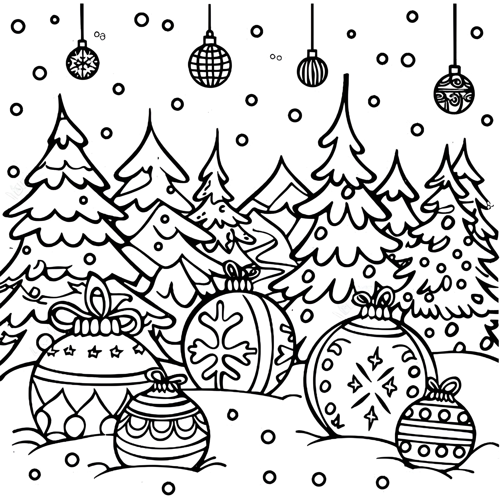 Ornaments in a winter wonderland Drawing Idea (free black-and-white line drawing printable PDF for all, from beginners to advanced learners, including children, teens, adults, and seniors)