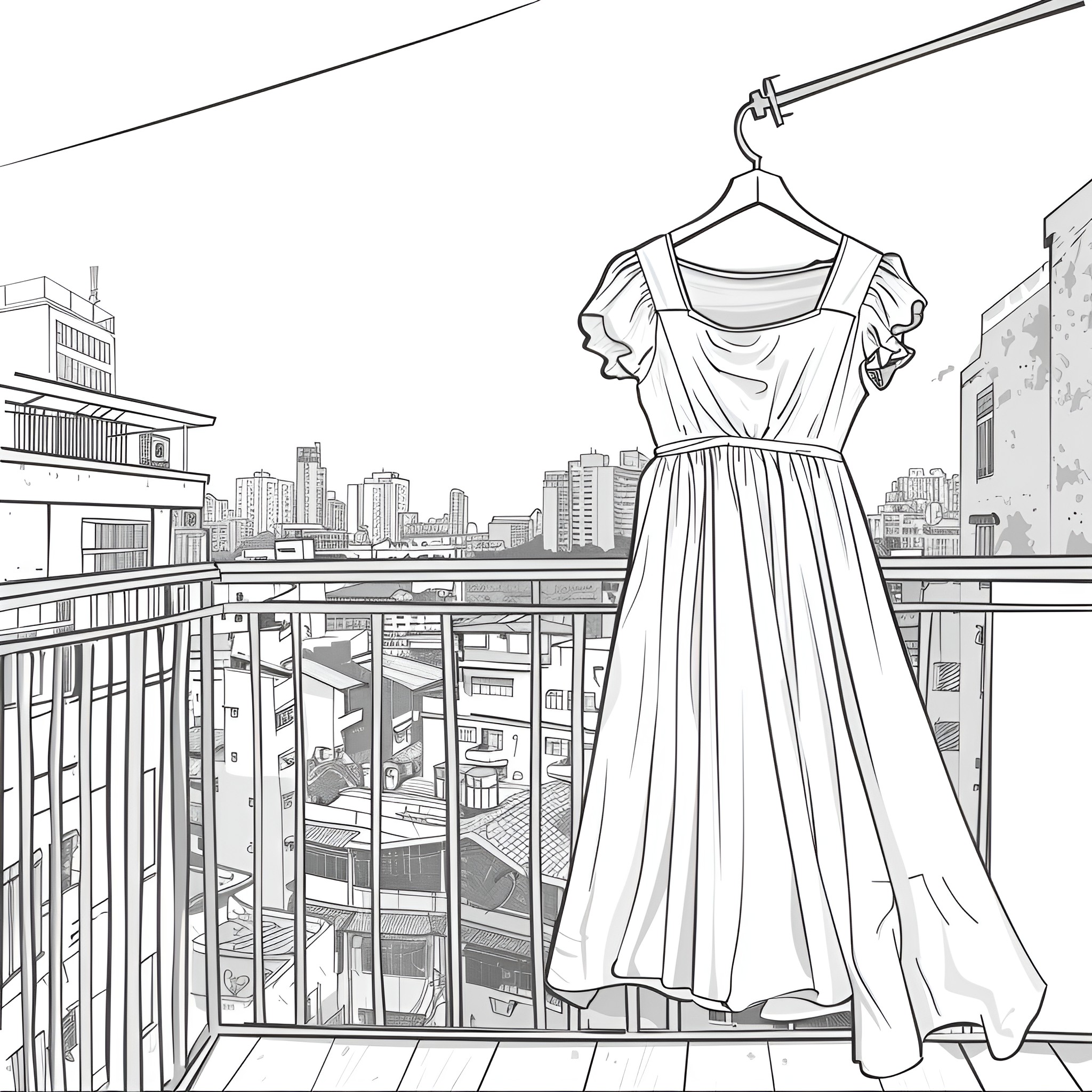 Dress hanging on balcony overlooking cityscape Drawing Idea (free black-and-white line drawing printable PDF for all, from beginners to advanced learners, including children, teens, adults, and seniors)