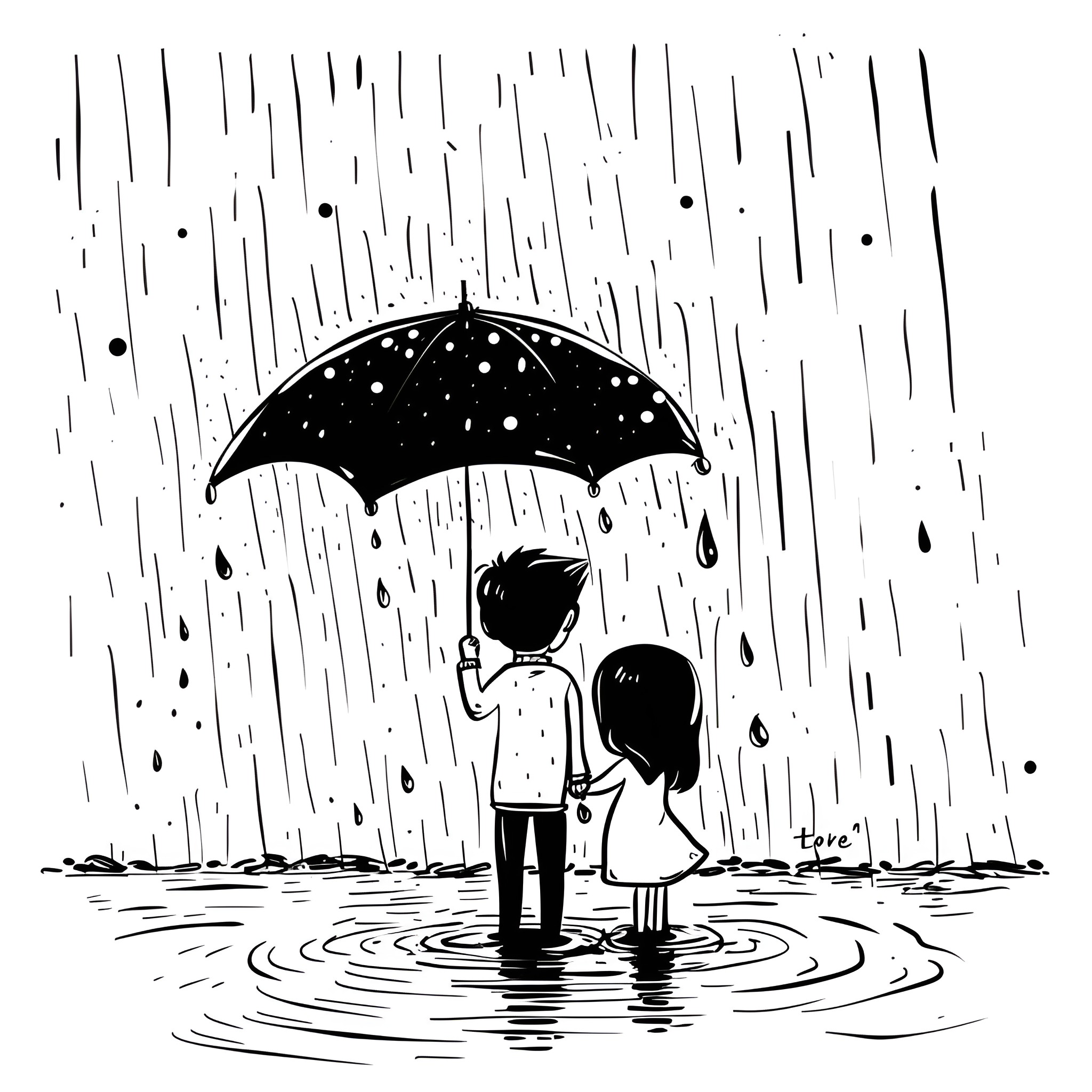 I Love You Sharing My Umbrella With You Drawing Idea (free black-and-white line drawing printable PDF for all, from beginners to advanced learners, including children, teens, adults, and seniors)