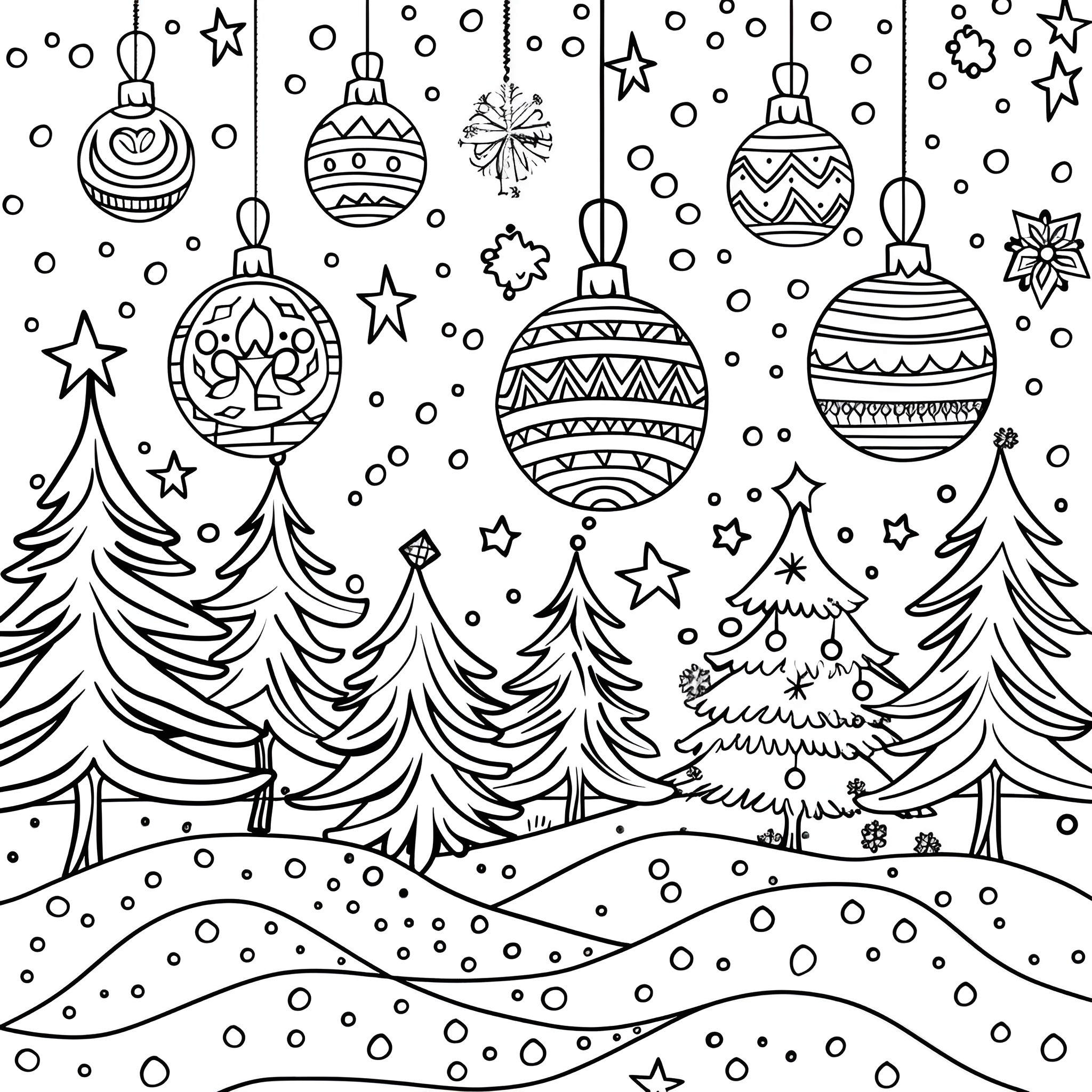 Ornaments adorning winter wonderland scene Drawing Idea (free black-and-white line drawing printable PDF for all, from beginners to advanced learners, including children, teens, adults, and seniors)