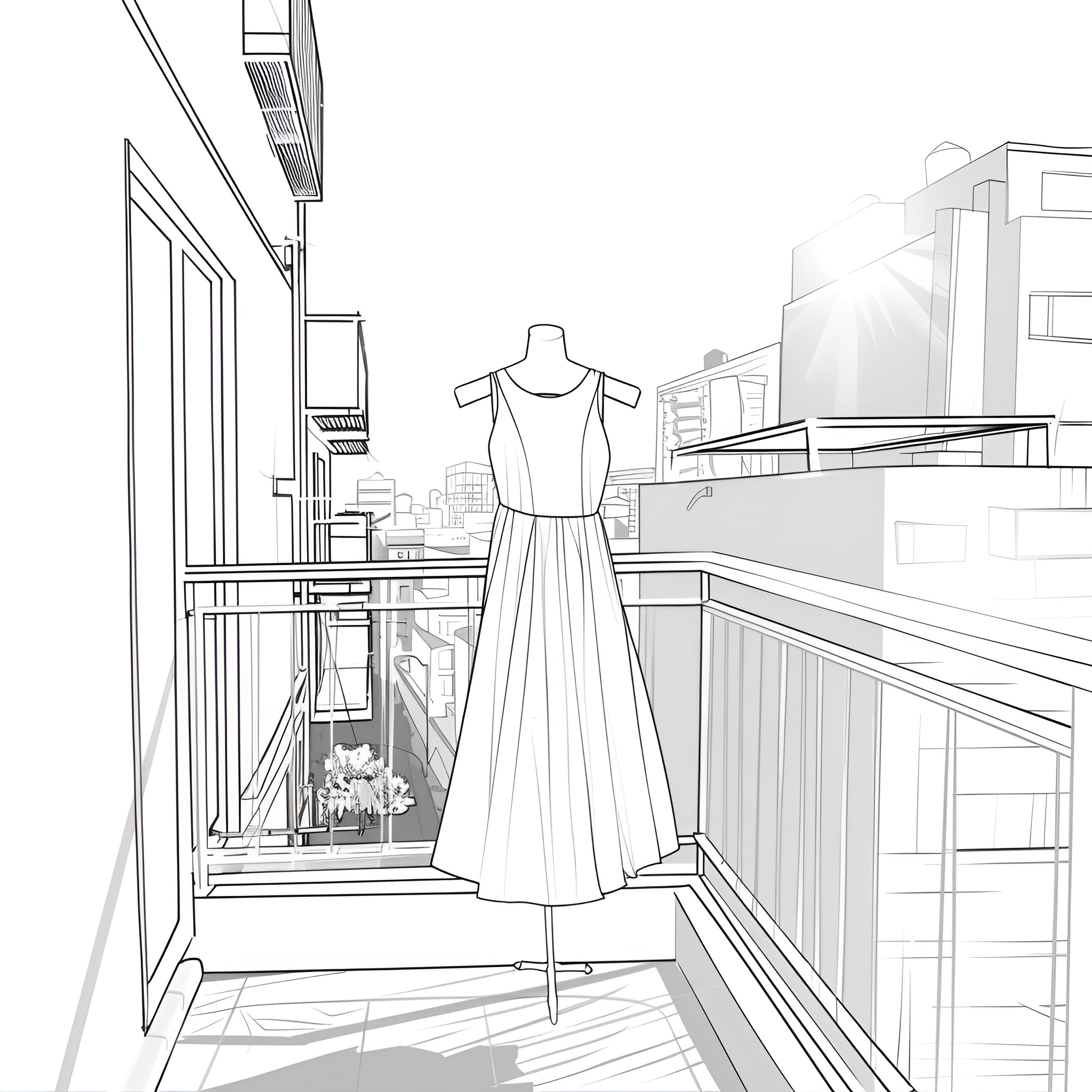 Dress on display in urban setting Drawing Idea (free black-and-white line drawing printable PDF for all, from beginners to advanced learners, including children, teens, adults, and seniors)