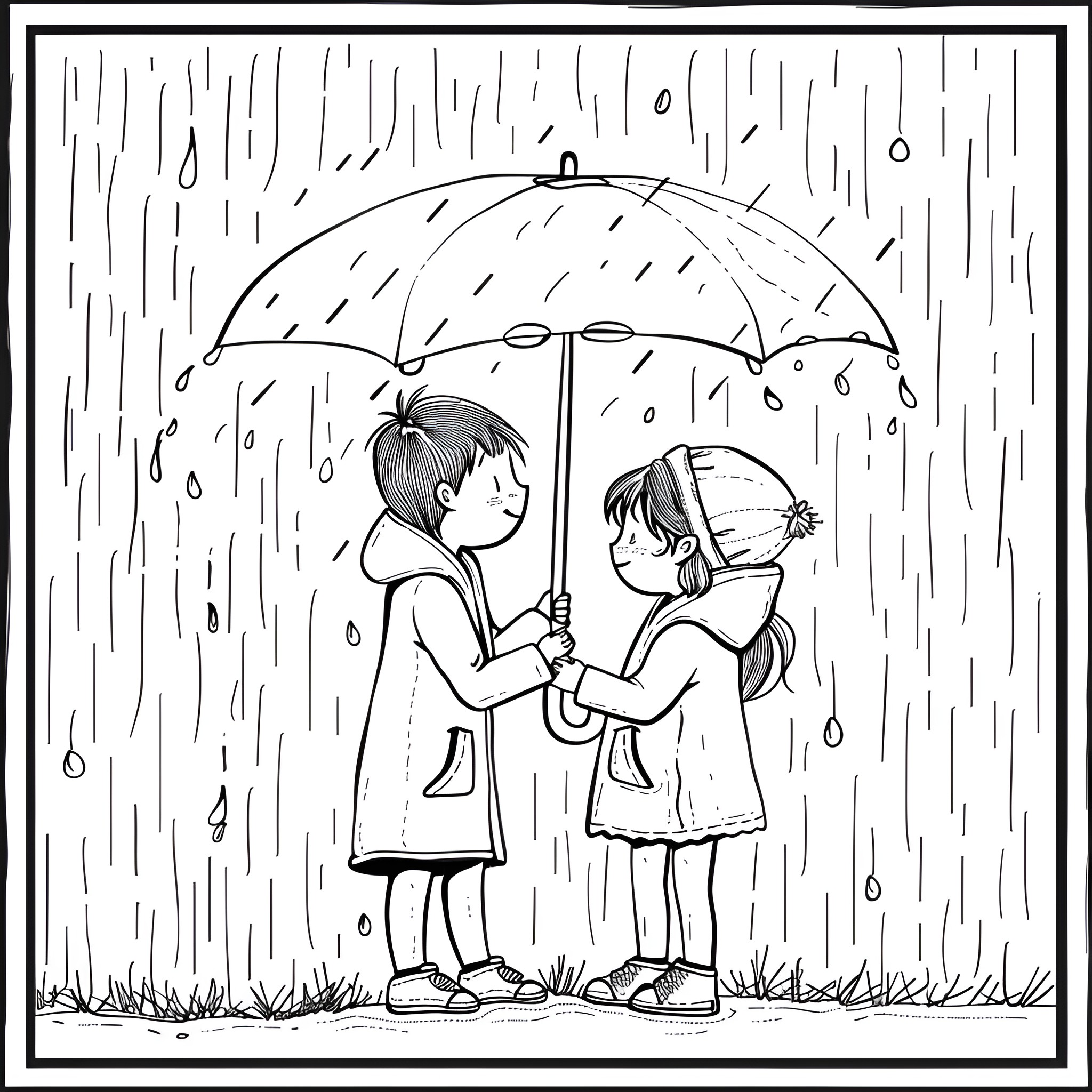 I Love You Sharing Umbrella in Rain Drawing Idea (free black-and-white line drawing printable PDF for all, from beginners to advanced learners, including children, teens, adults, and seniors)