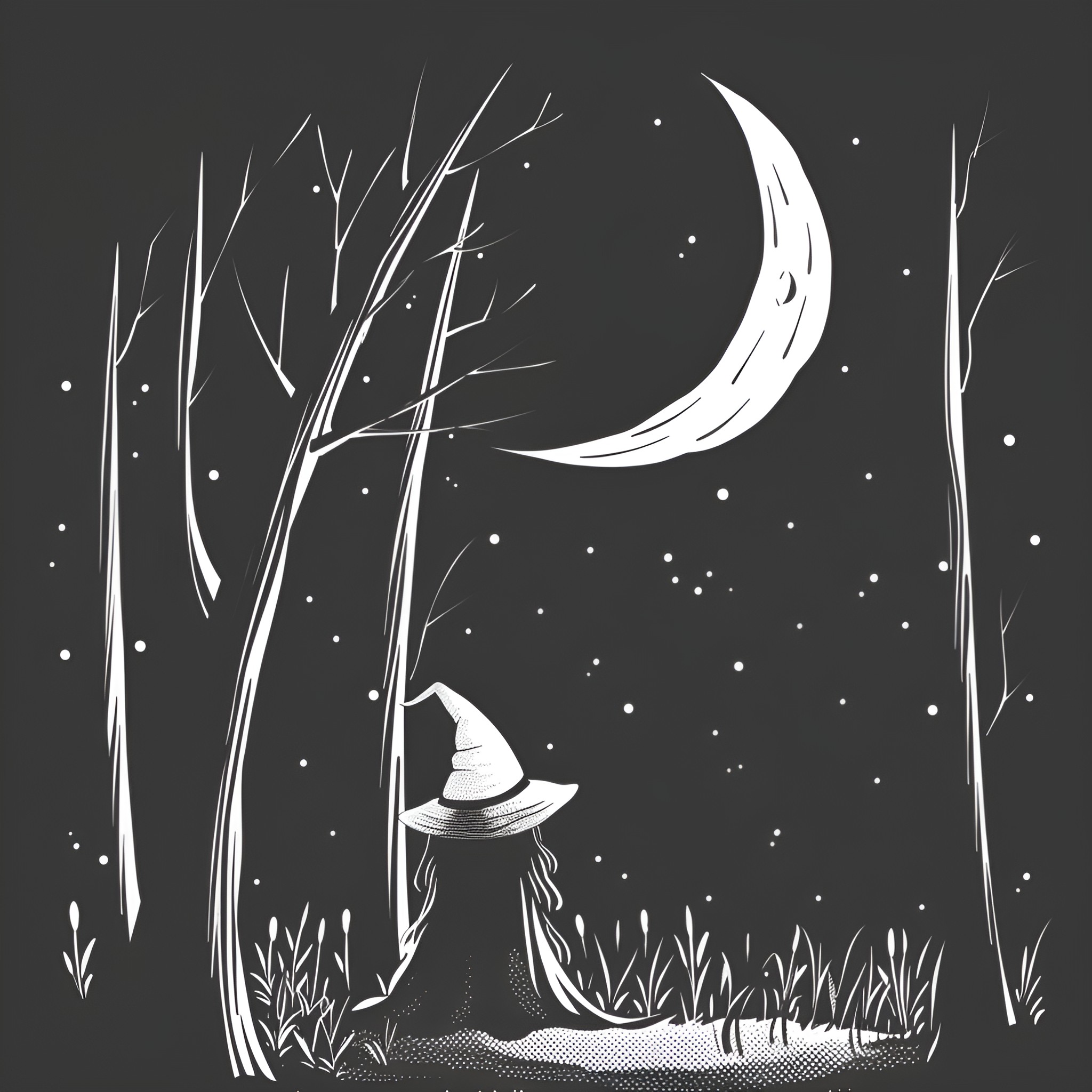 Witch under the crescent moon Drawing Idea (free black-and-white line drawing printable PDF for all, from beginners to advanced learners, including children, teens, adults, and seniors)