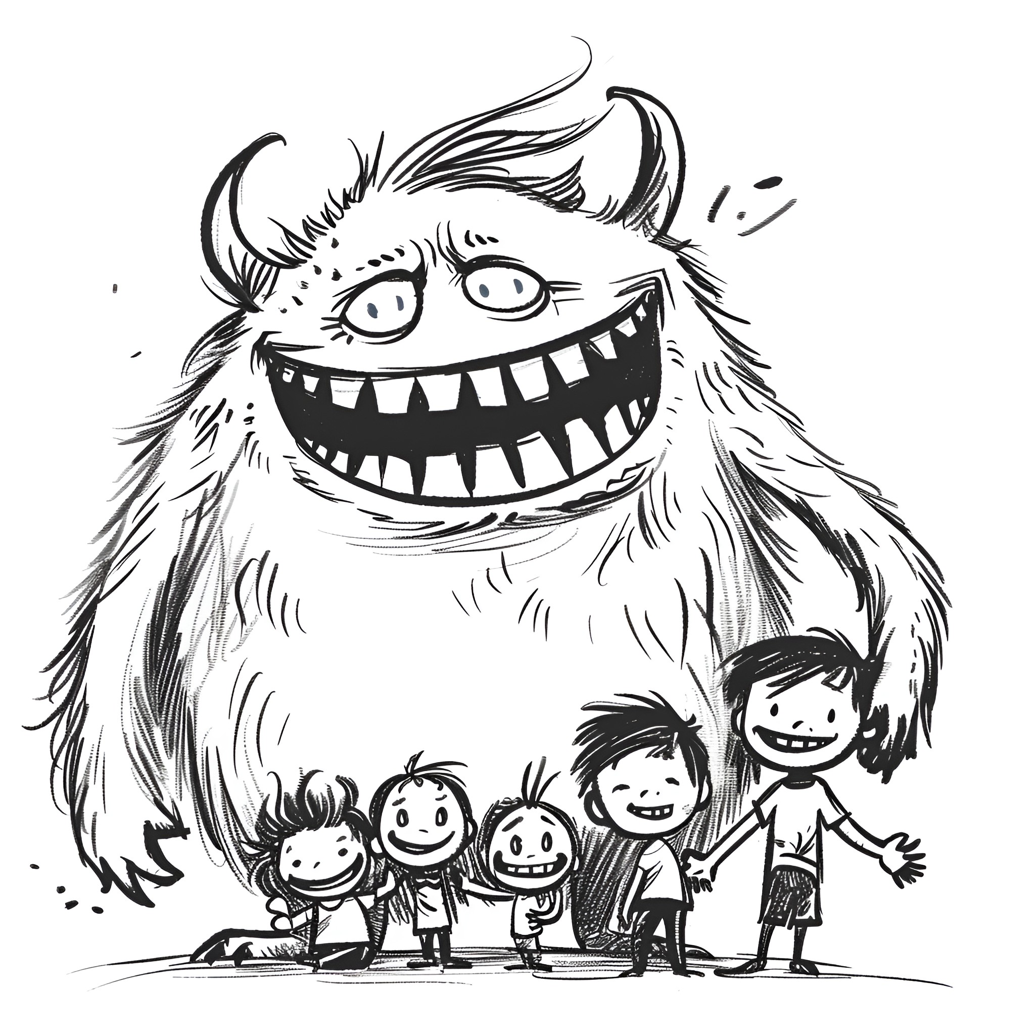 Monster family laughing joyfully with children Drawing Idea (free black-and-white line drawing printable PDF for all, from beginners to advanced learners, including children, teens, adults, and seniors)